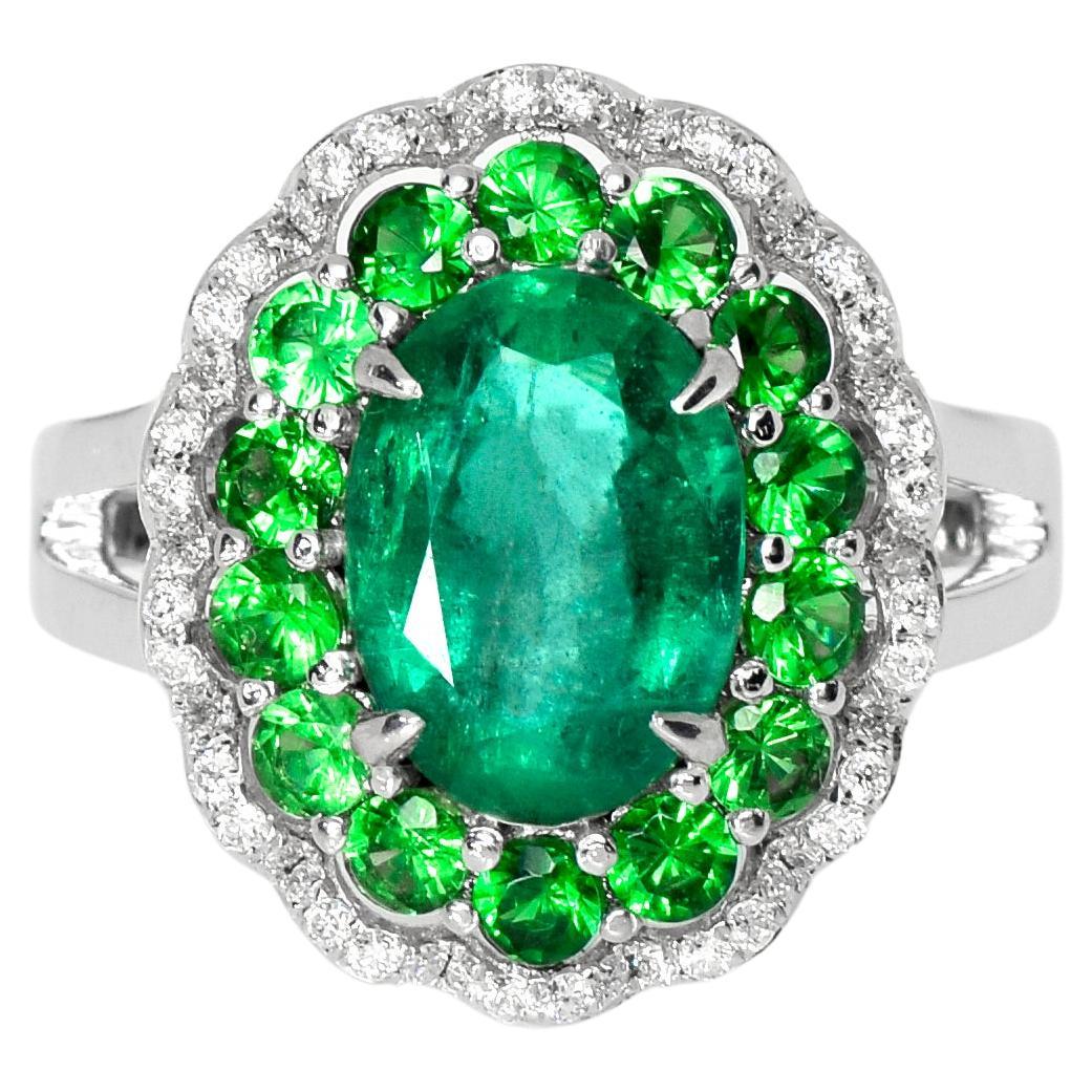 Bague de fiançailles IGI 18k 2.47 Ct Emerald&Tsavorites Antique Art Deco Style