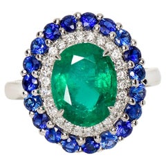 *NRP* IGI 18k 3.01ct Emerald&Sapphires Antique Art Deco Style Engagement Ring