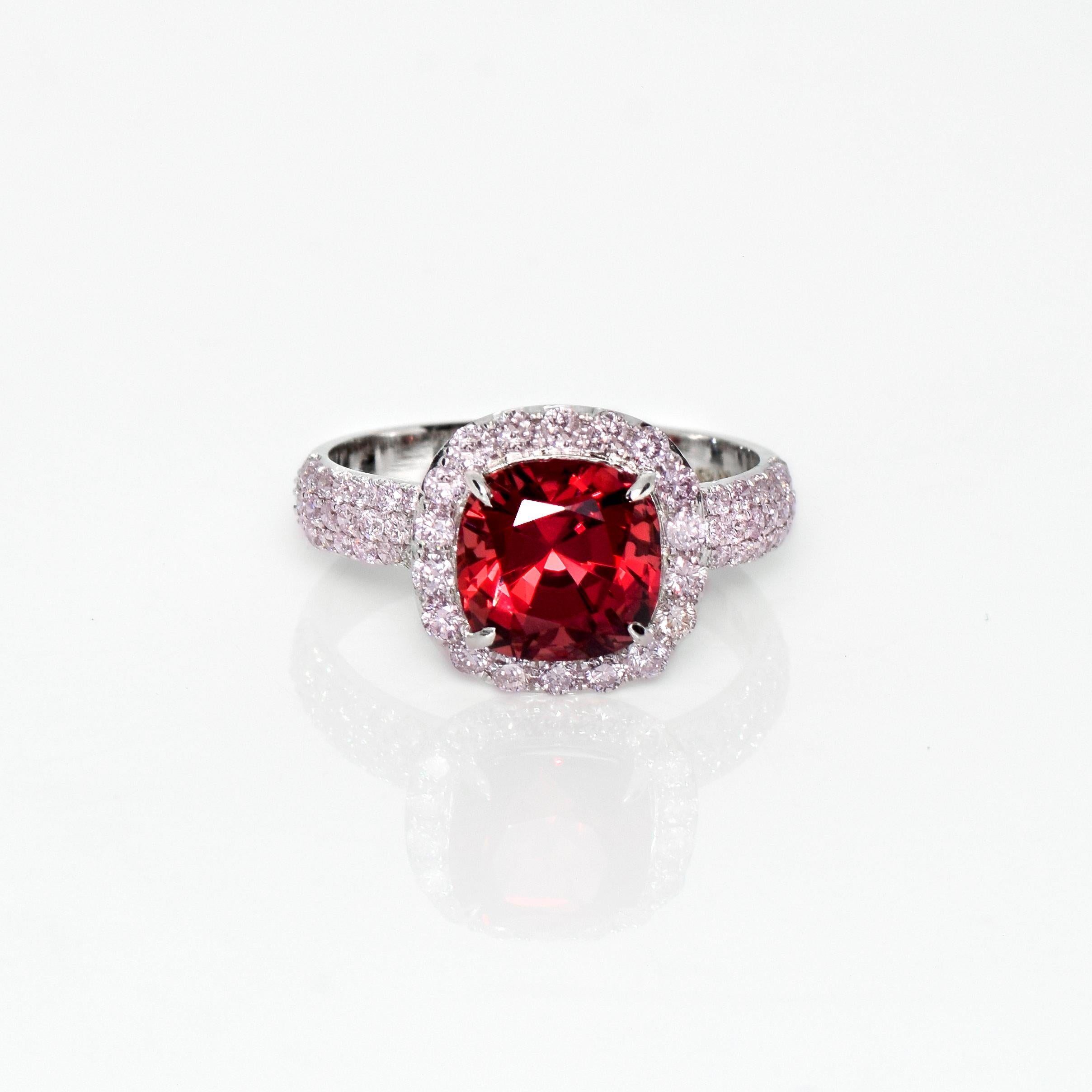 *IGI 18K 3.09 Ct Red Spinel&Pink Diamonds Antique Engagement Ring*

IGI-certified natural untreated fancy red, a cushion-shaped spinel weighing 3.09 ct set on 18K white gold luxury table pave' design band with natural pink diamonds weighing 0.87 ct.