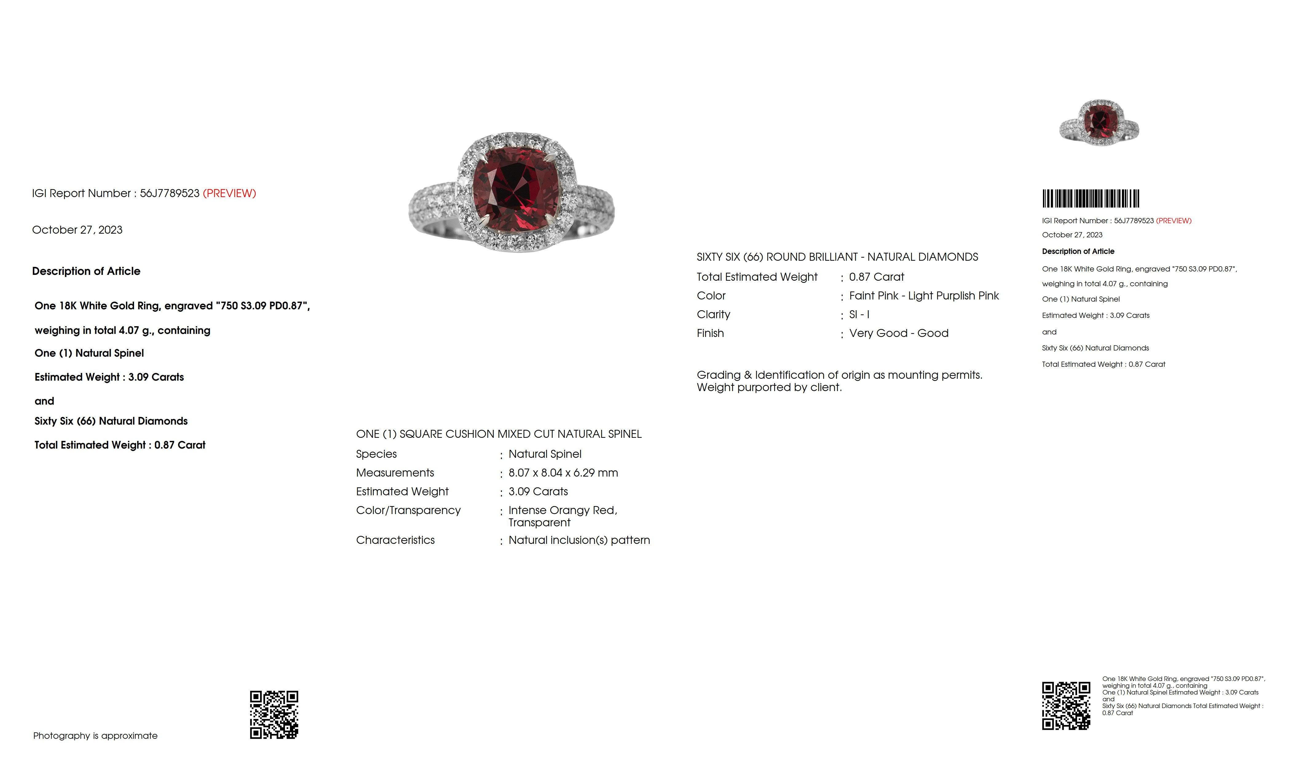 Contemporary IGI 18K 3.09 Ct Red Spinel&Pink Diamonds Antique Engagement Ring For Sale