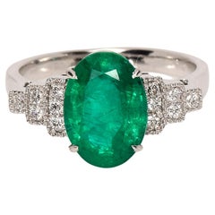 *Nrp* IGI 18K 3.38 C Natural Emerald Diamond Antique Art Deco Engagement Ring