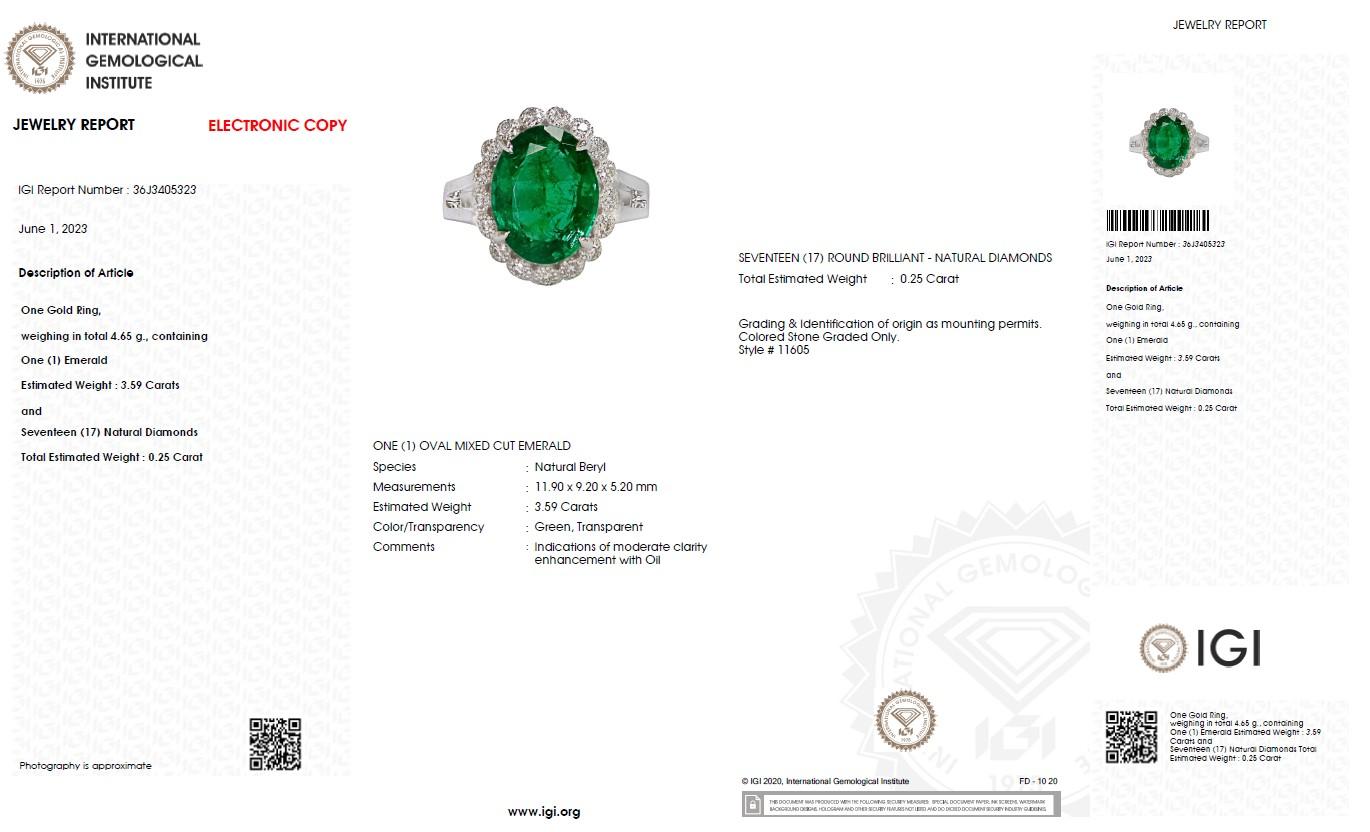 Taille ovale Bague de fiançailles de style Art déco antique IGI 18 carats, émeraude et diamants 3,59 carats en vente