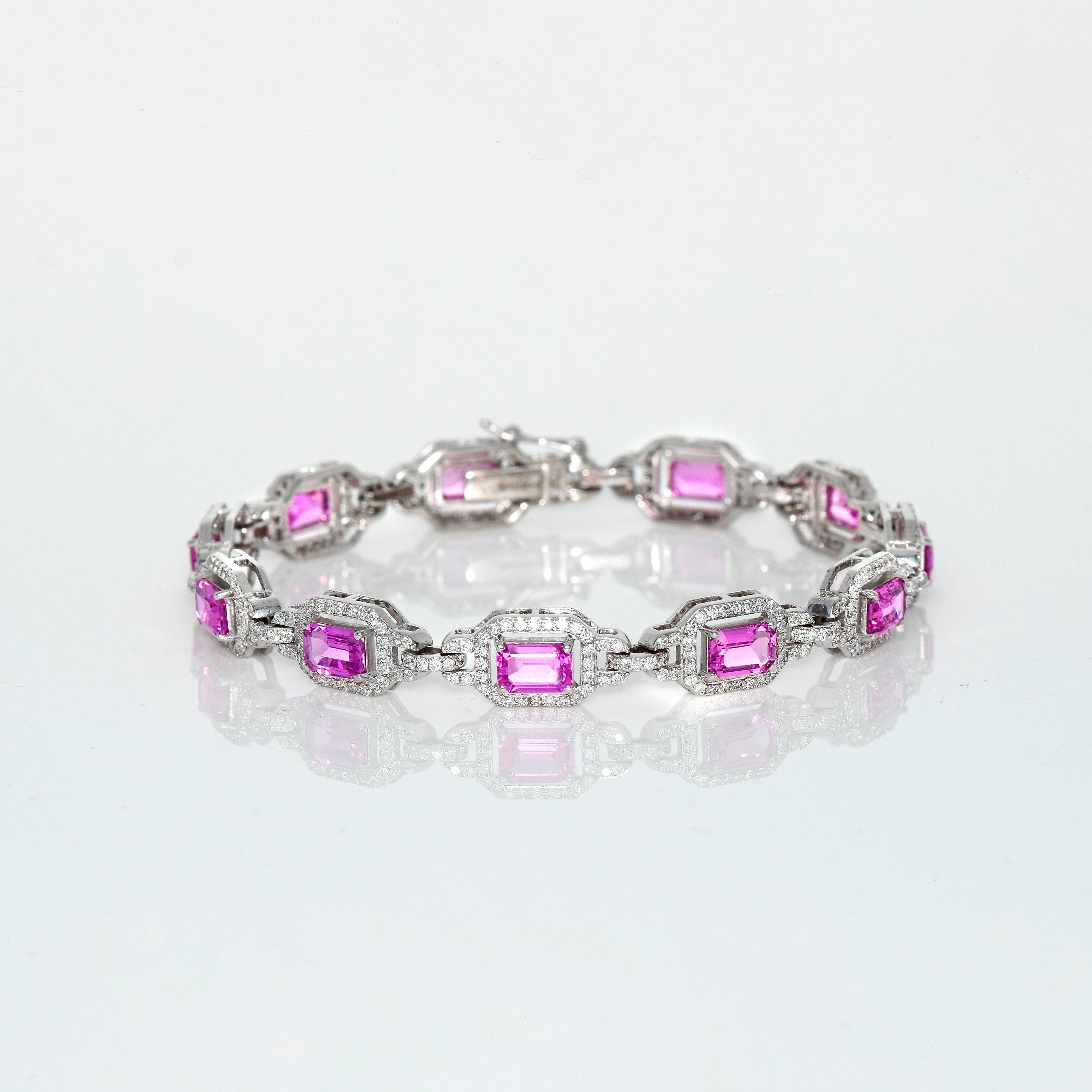 Women's or Men's IGI 18k 6.35 Ct Pink Sapphires&2.03 ct Diamonds Antique Art Deco Tennis Bracelet