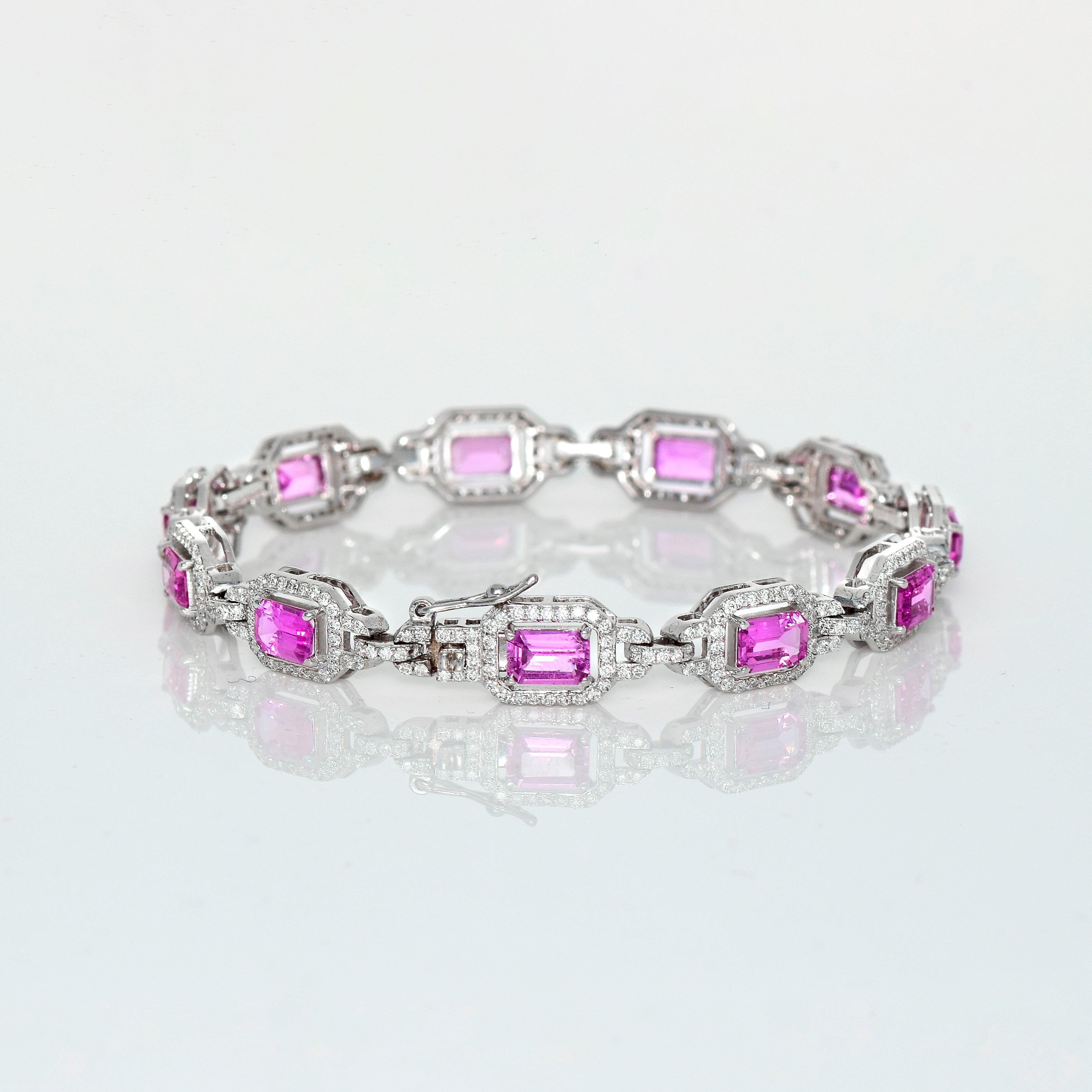 IGI 18k 6.35 Ct Pink Sapphires&2.03 ct Diamonds Antique Art Deco Tennis Bracelet 1