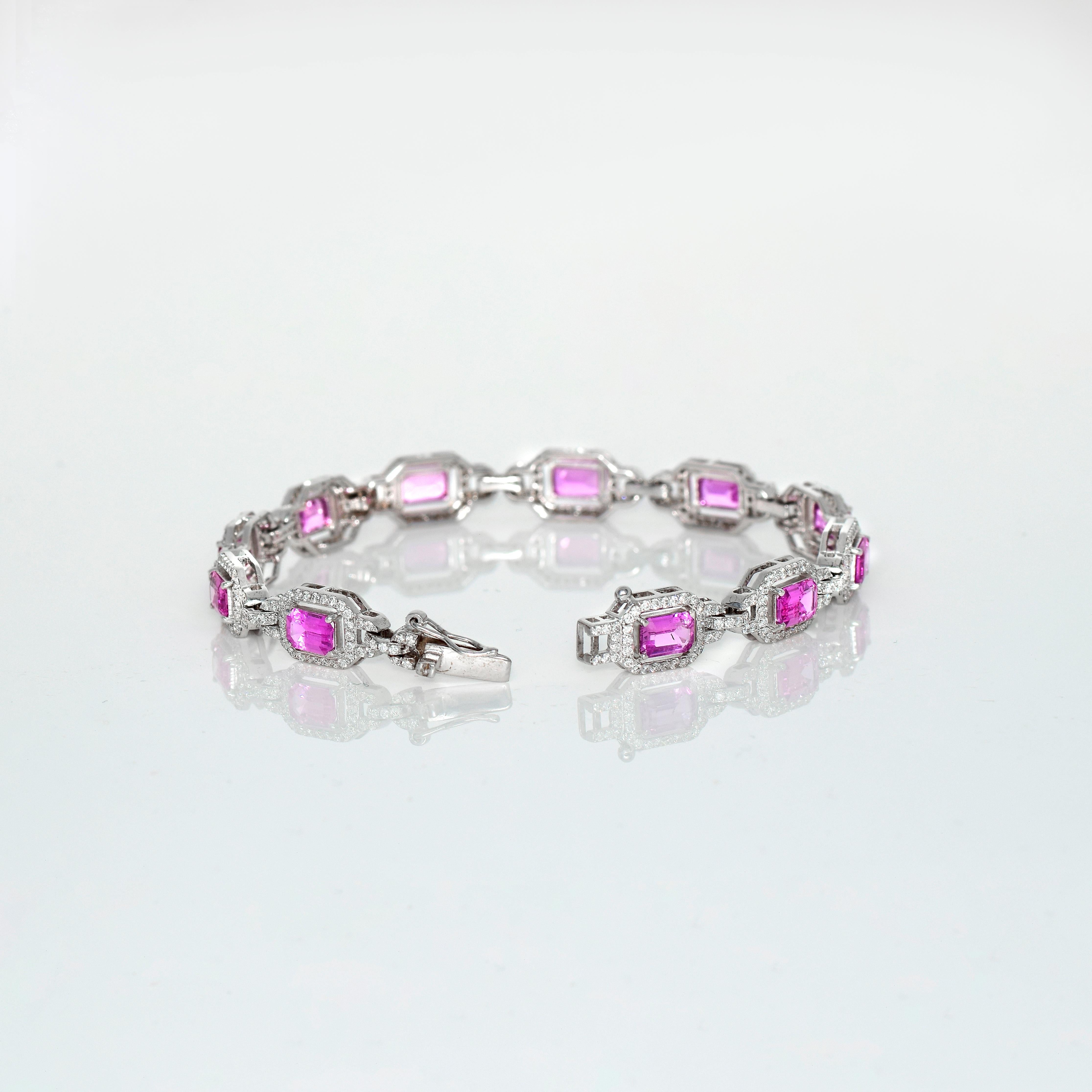 IGI 18k 6.35 Ct Pink Sapphires&2.03 ct Diamonds Antique Art Deco Tennis Bracelet 2