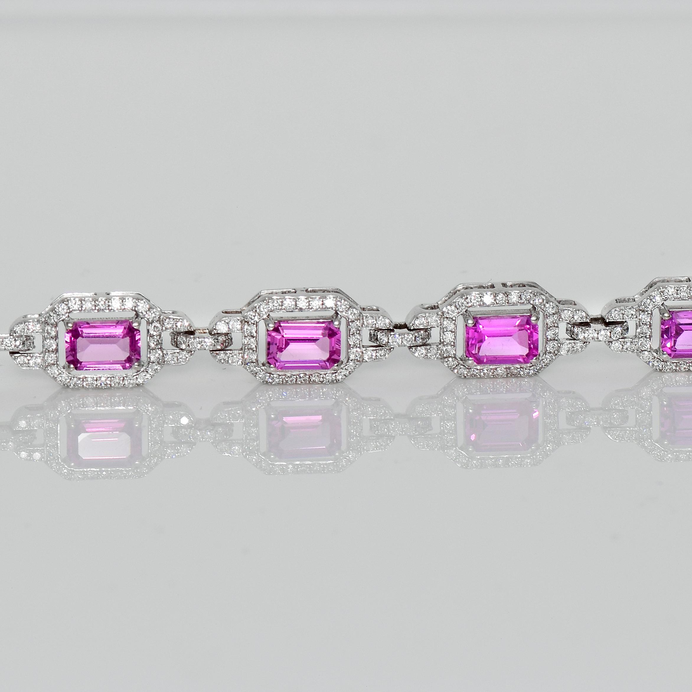 IGI 18k 6.35 Ct Pink Sapphires&2.03 ct Diamonds Antique Art Deco Tennis Bracelet 3