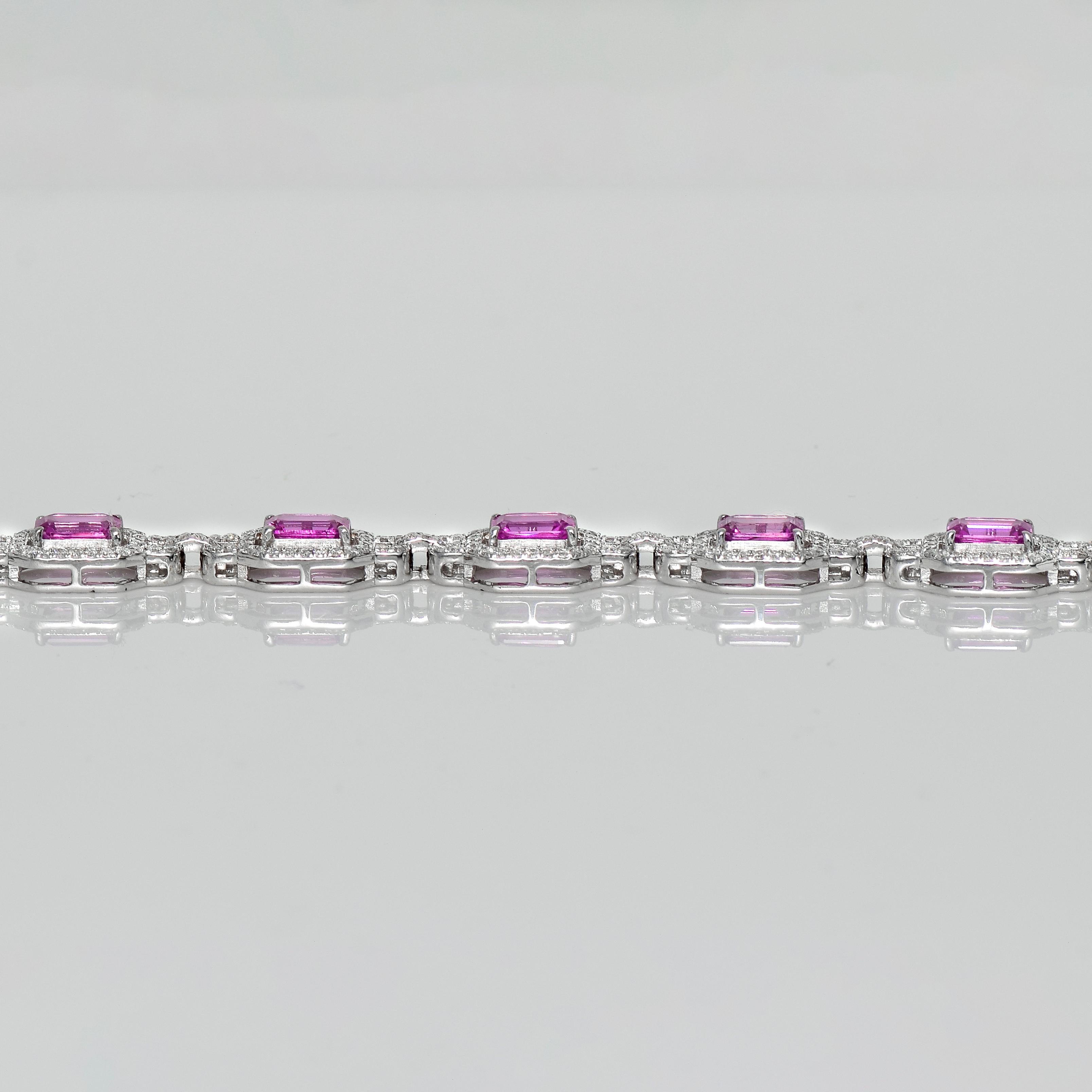 IGI 18k 6.35 Ct Pink Sapphires&2.03 ct Diamonds Antique Art Deco Tennis Bracelet 4