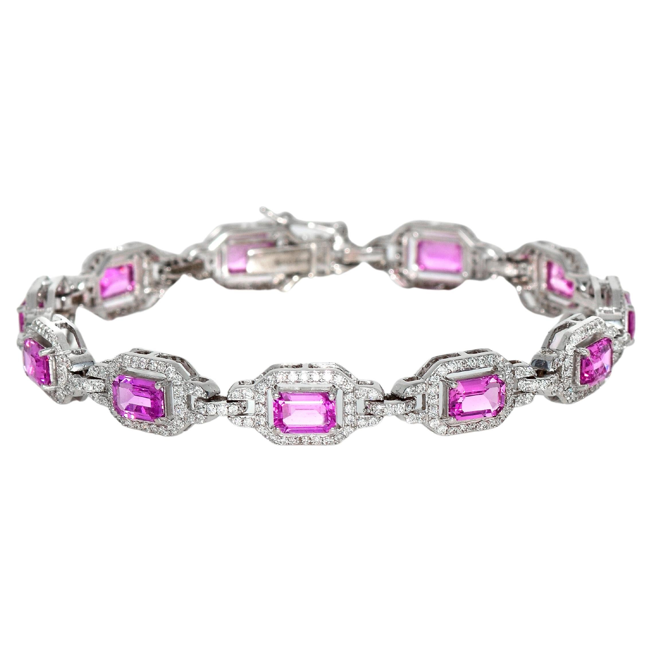 IGI 18k 6.35 Ct Pink Sapphires&2.03 ct Diamonds Antique Art Deco Tennis Bracelet