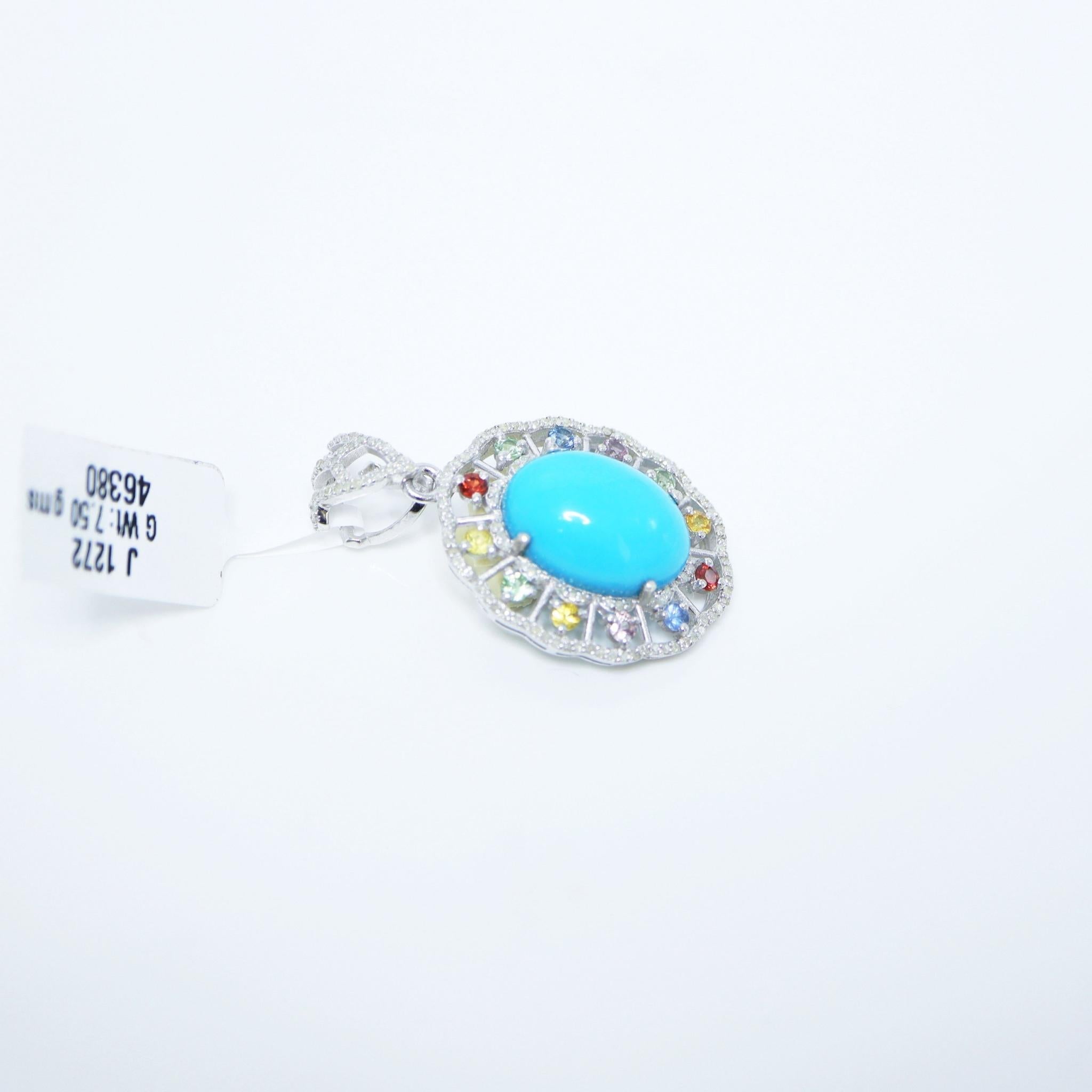 Silver 11.20 ct  Natural Turquoise Diamonds Antique Pendant Necklace For Sale 4