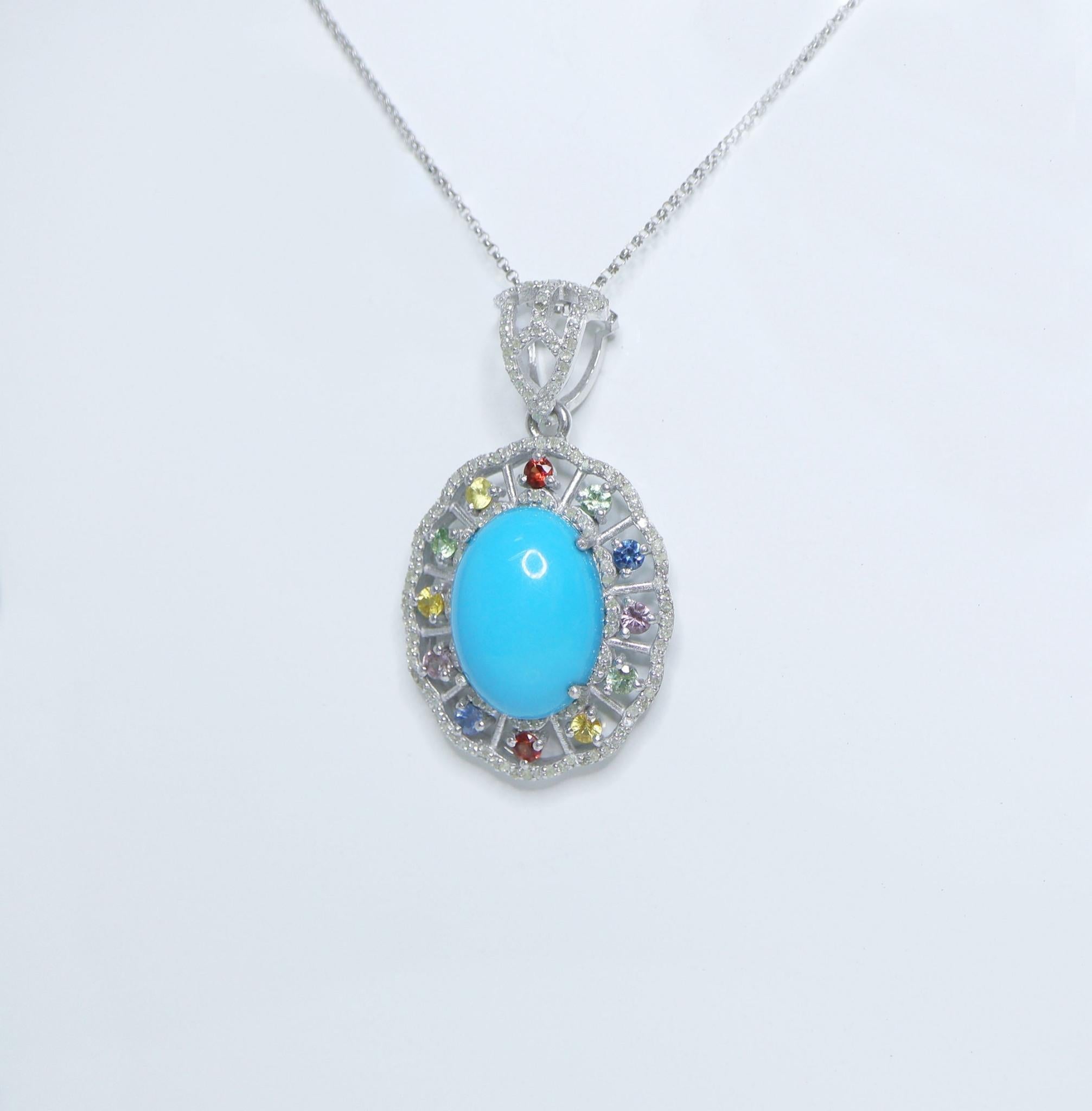 Art Deco Silver 11.20 ct  Natural Turquoise Diamonds Antique Pendant Necklace For Sale
