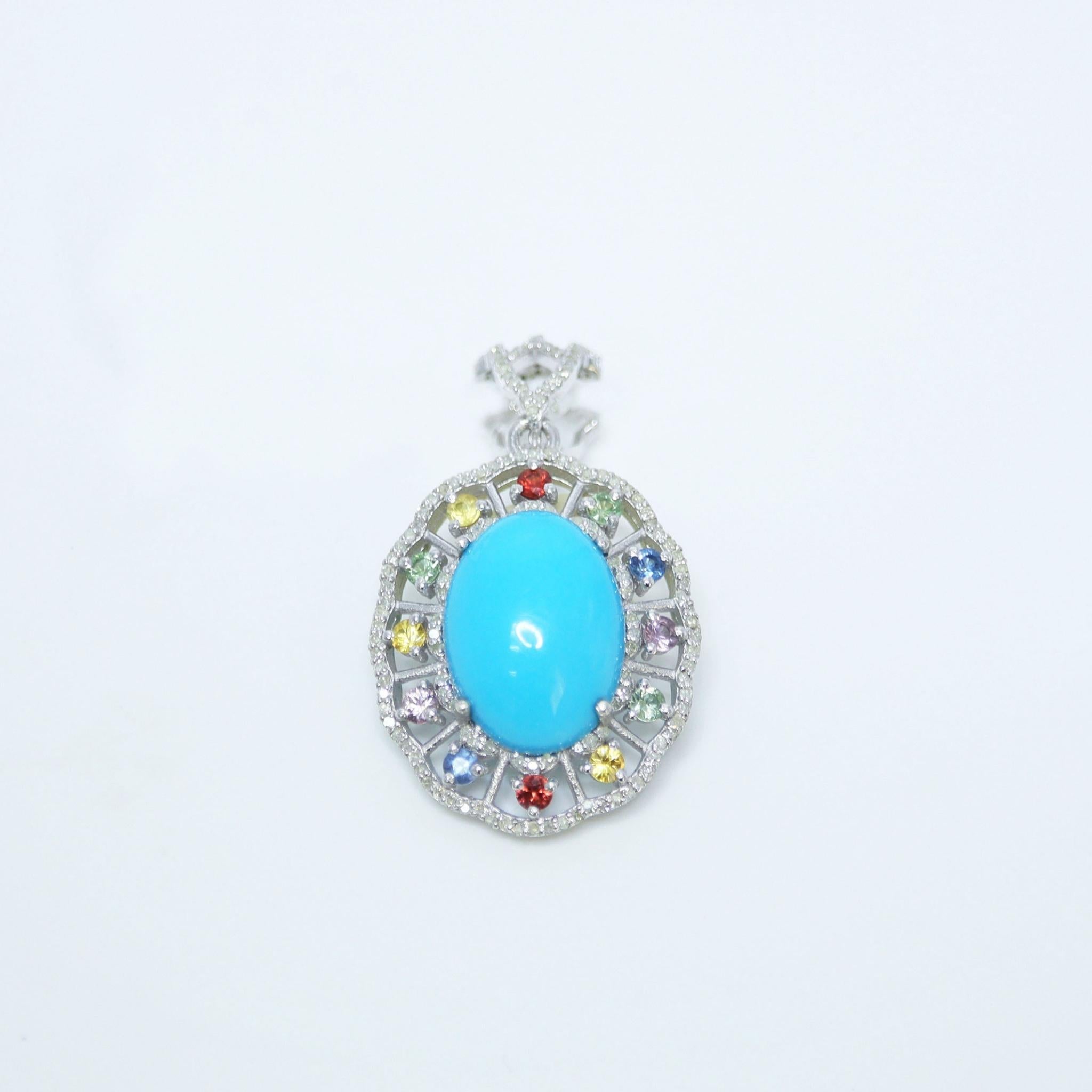 Cabochon Silver 11.20 ct  Natural Turquoise Diamonds Antique Pendant Necklace For Sale