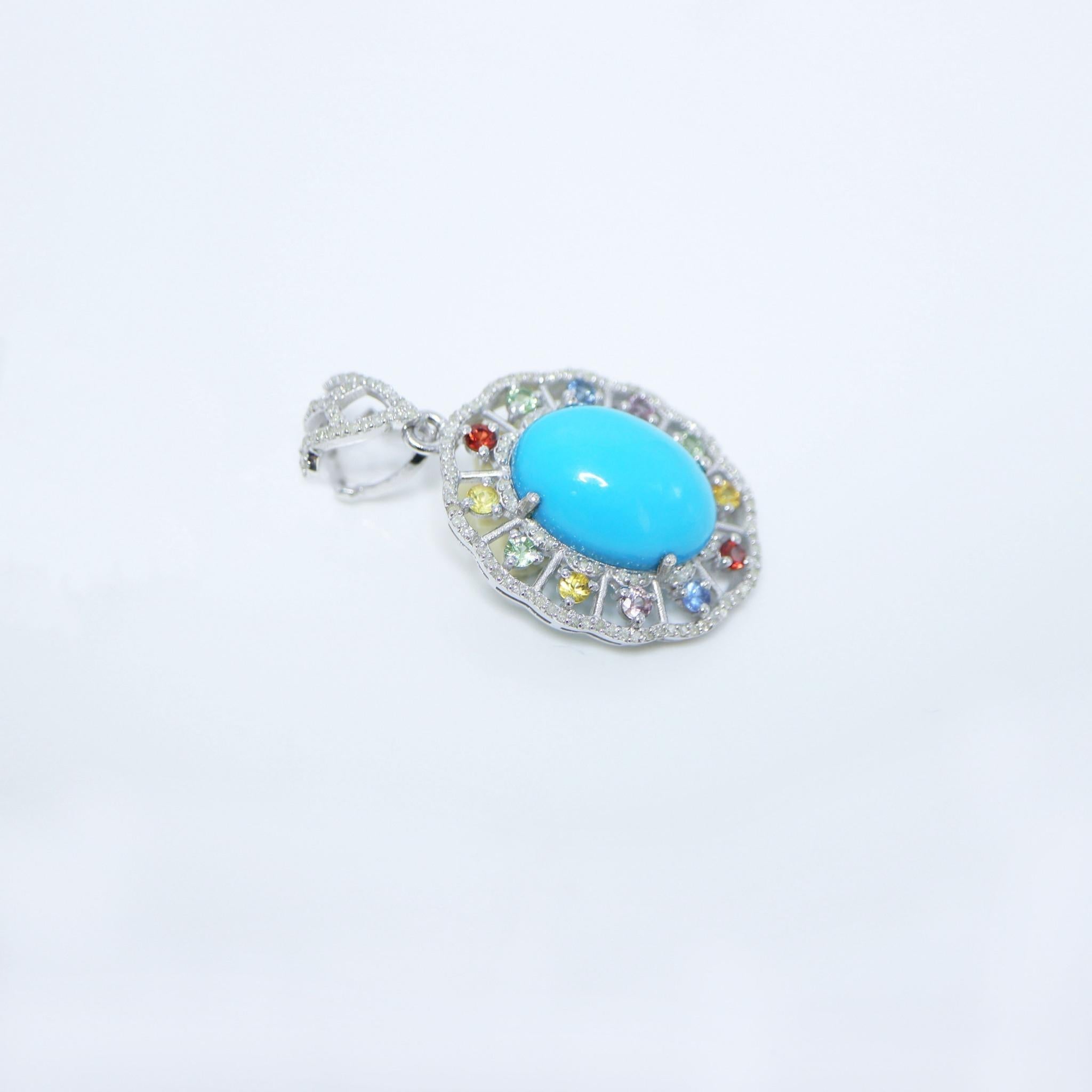 Silver 11.20 ct  Natural Turquoise Diamonds Antique Pendant Necklace In New Condition For Sale In Kaohsiung City, TW