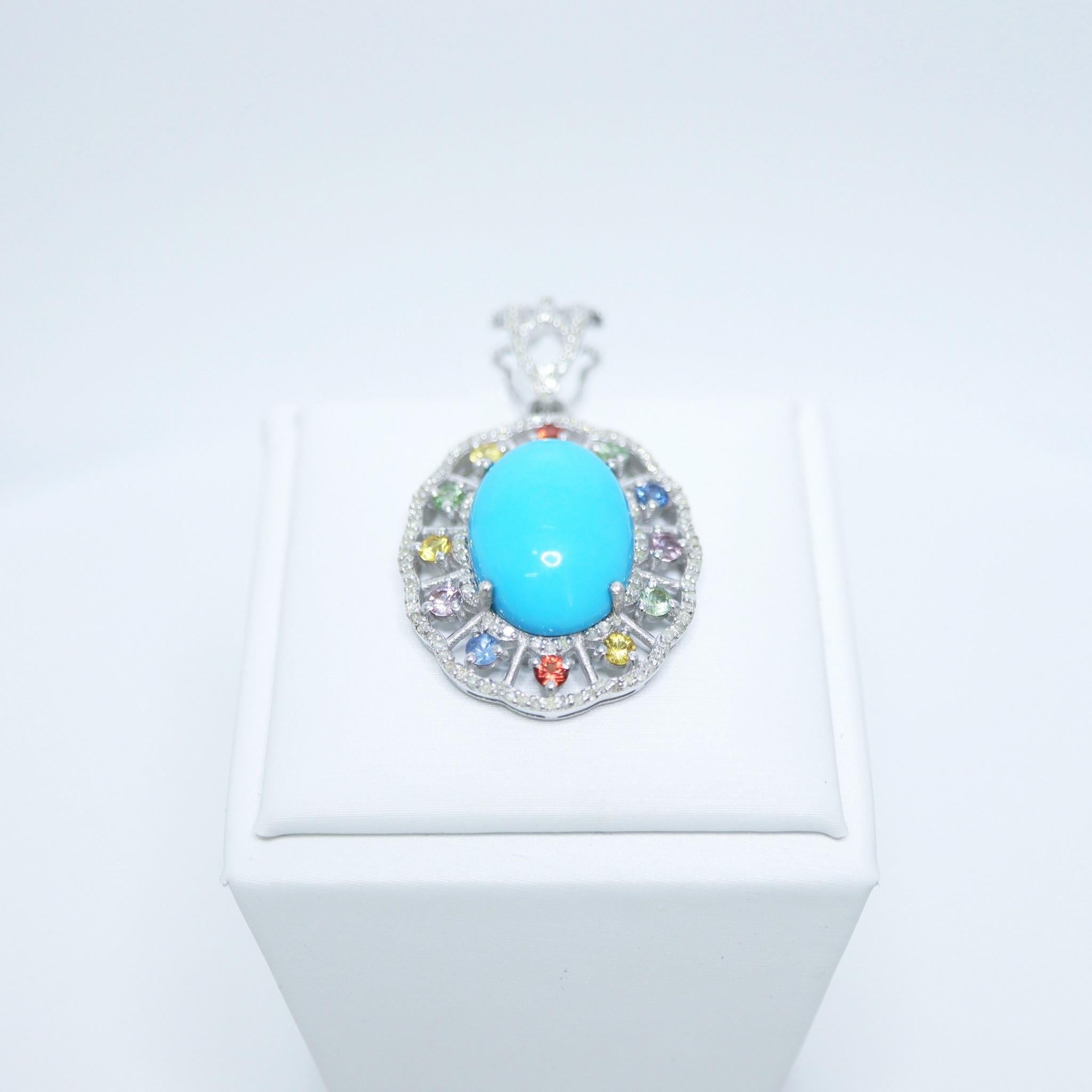 Silver 11.20 ct  Natural Turquoise Diamonds Antique Pendant Necklace For Sale 1