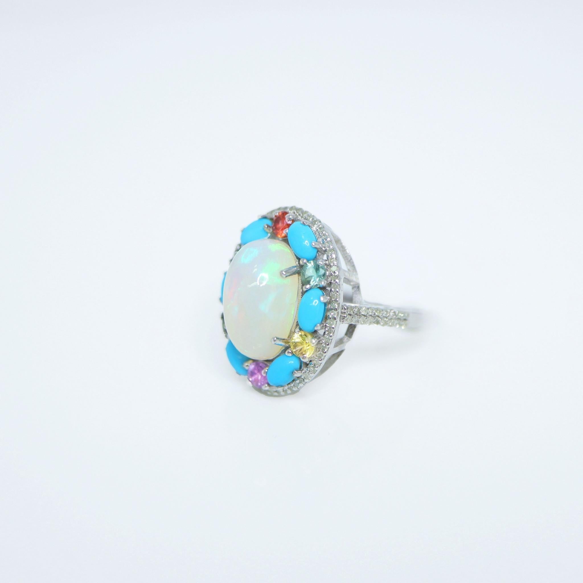 Art Deco *Sale* Silver 4.35 ct  Natural Color Play Opal Diamonds Antique Engagement Ring