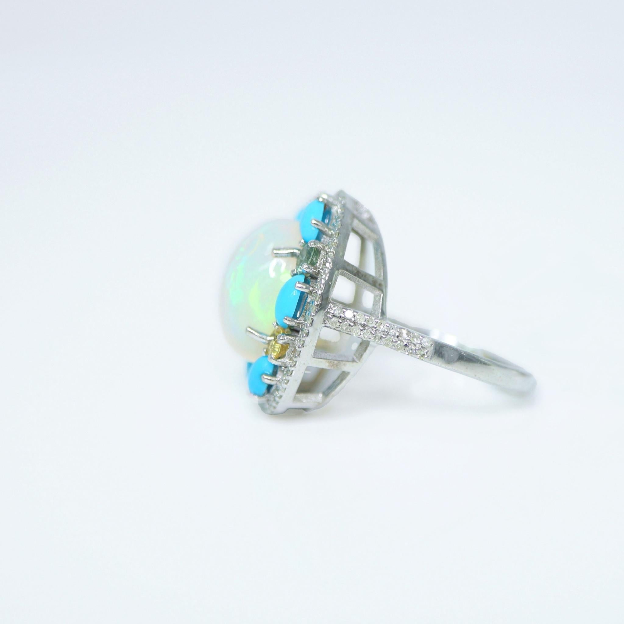 Cabochon *Sale* Silver 4.35 ct  Natural Color Play Opal Diamonds Antique Engagement Ring