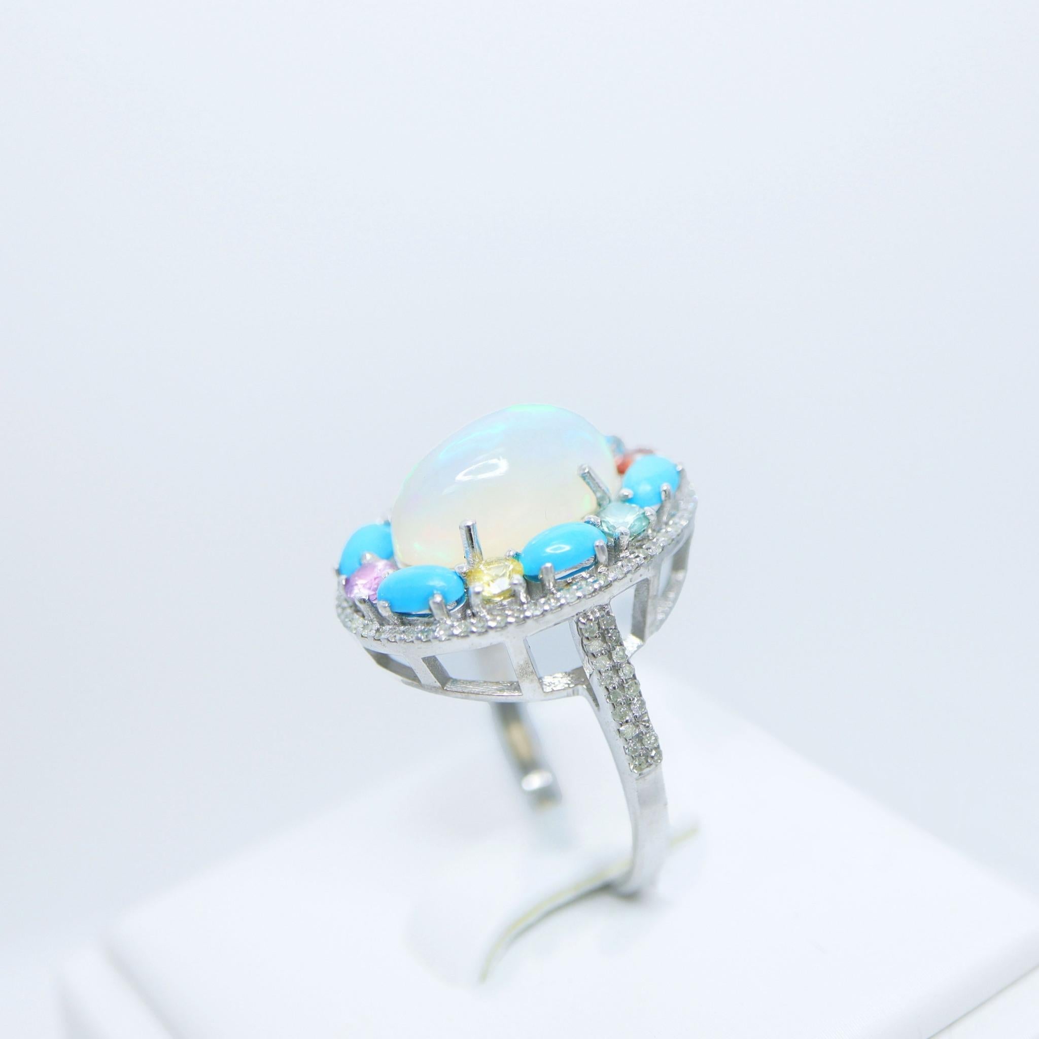 Women's *Sale* Silver 4.35 ct  Natural Color Play Opal Diamonds Antique Engagement Ring