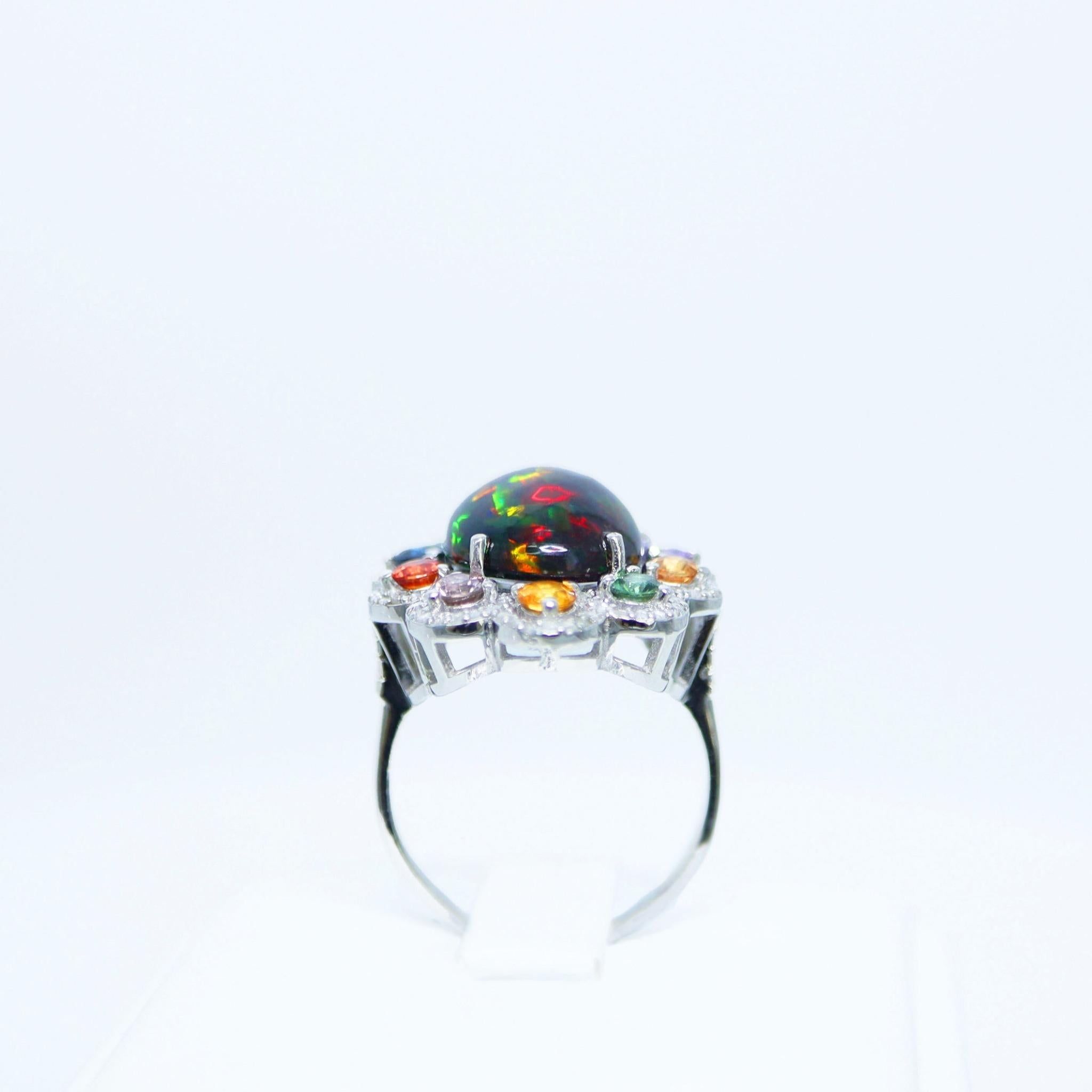 Cabochon *Sale* Silver 5.65 ct  Natural Color Play Opal Diamonds Antique Engagement Ring