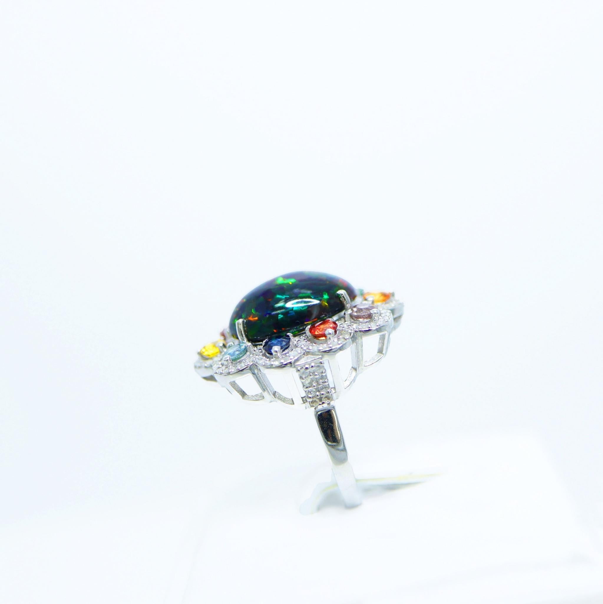 Women's *Sale* Silver 5.65 ct  Natural Color Play Opal Diamonds Antique Engagement Ring