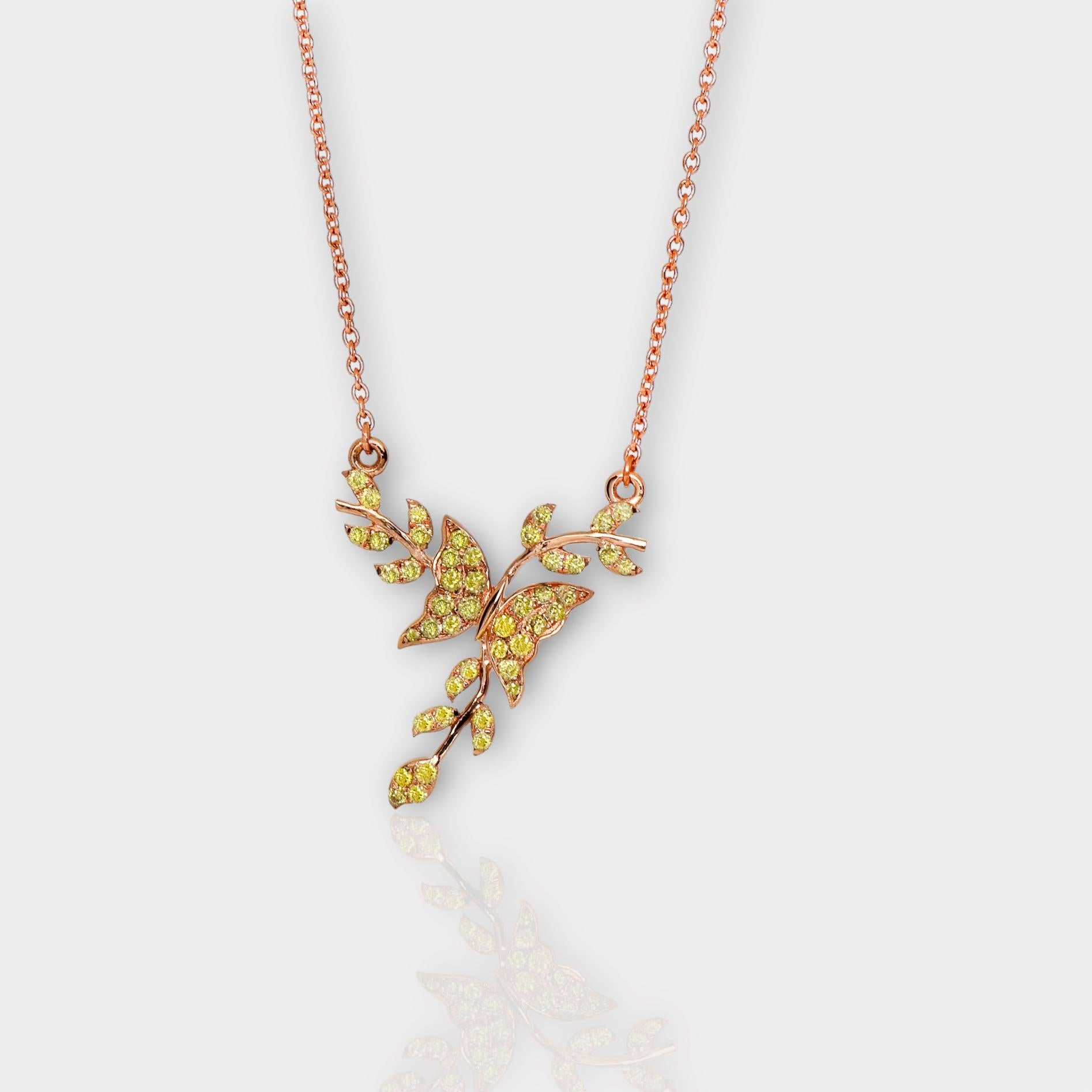 *IGI 14K 0.25 ct Natural Greenish Yellow Diamonds Branches Design Necklace*

This band features a stunning design with branches crafted from 14K rose gold. It is set with natural, intense greenish-yellow diamonds weighing 0.25 carats.

This necklace