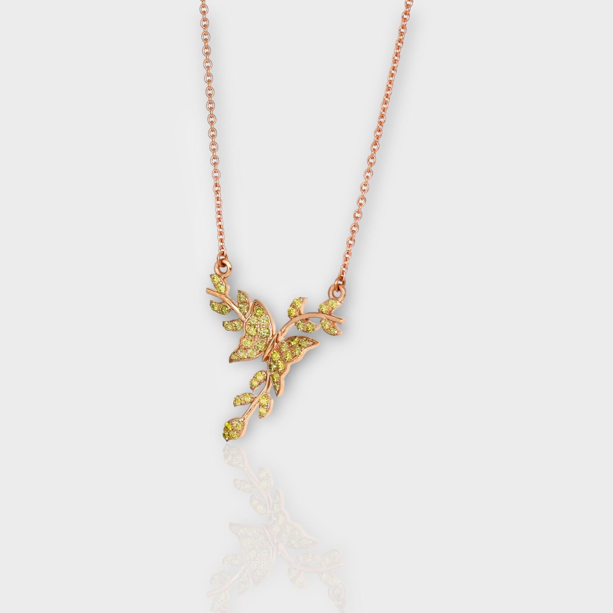 Contemporary IGI 14K 0.25 ct Natural Greenish Yellow Diamonds Branches Design Necklace For Sale