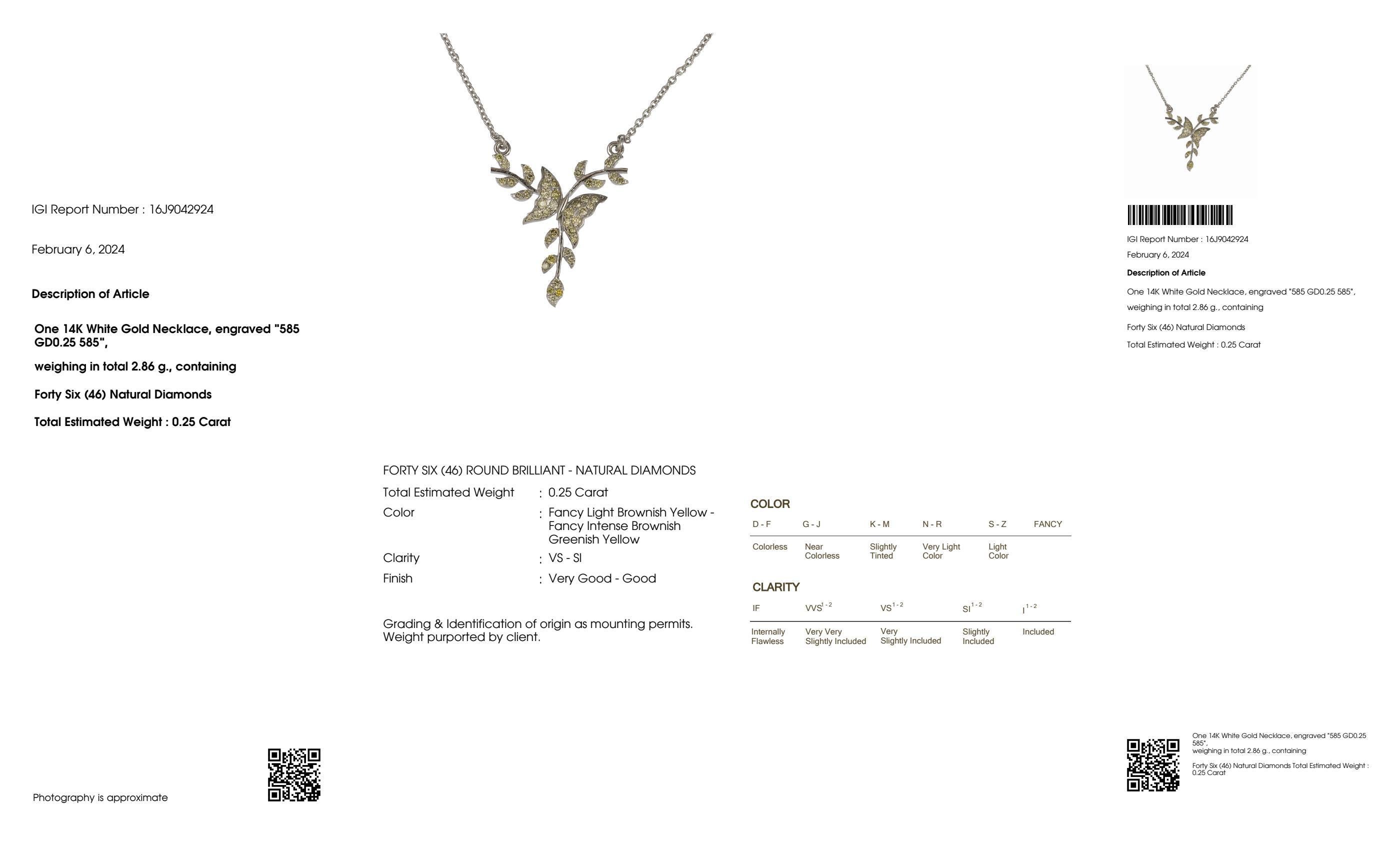 IGI 14K 0.25 ct Natural Greenish Yellow Diamonds Branches Design Necklace For Sale 1