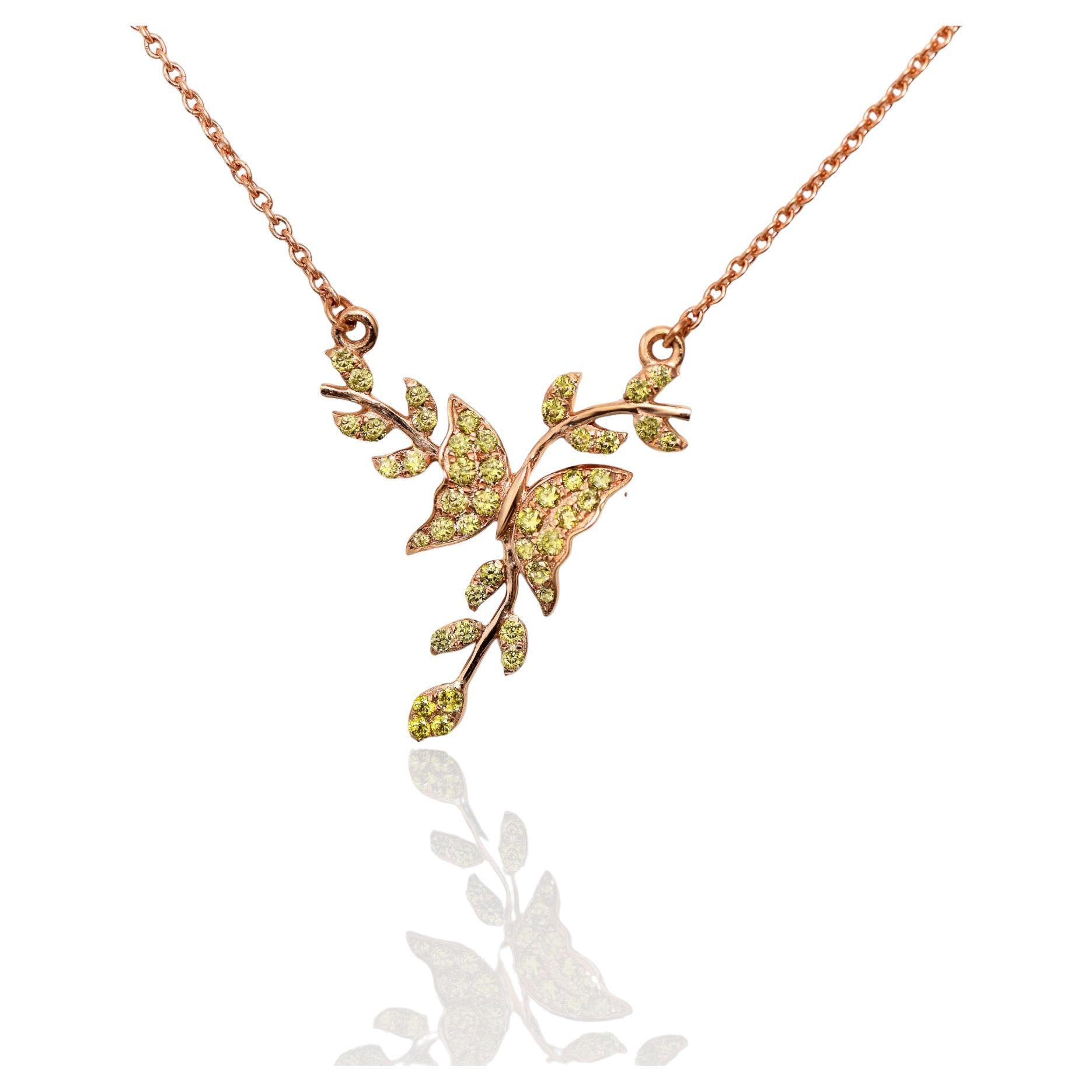 IGI 14K 0.25 ct Natural Greenish Yellow Diamonds Branches Design Necklace For Sale