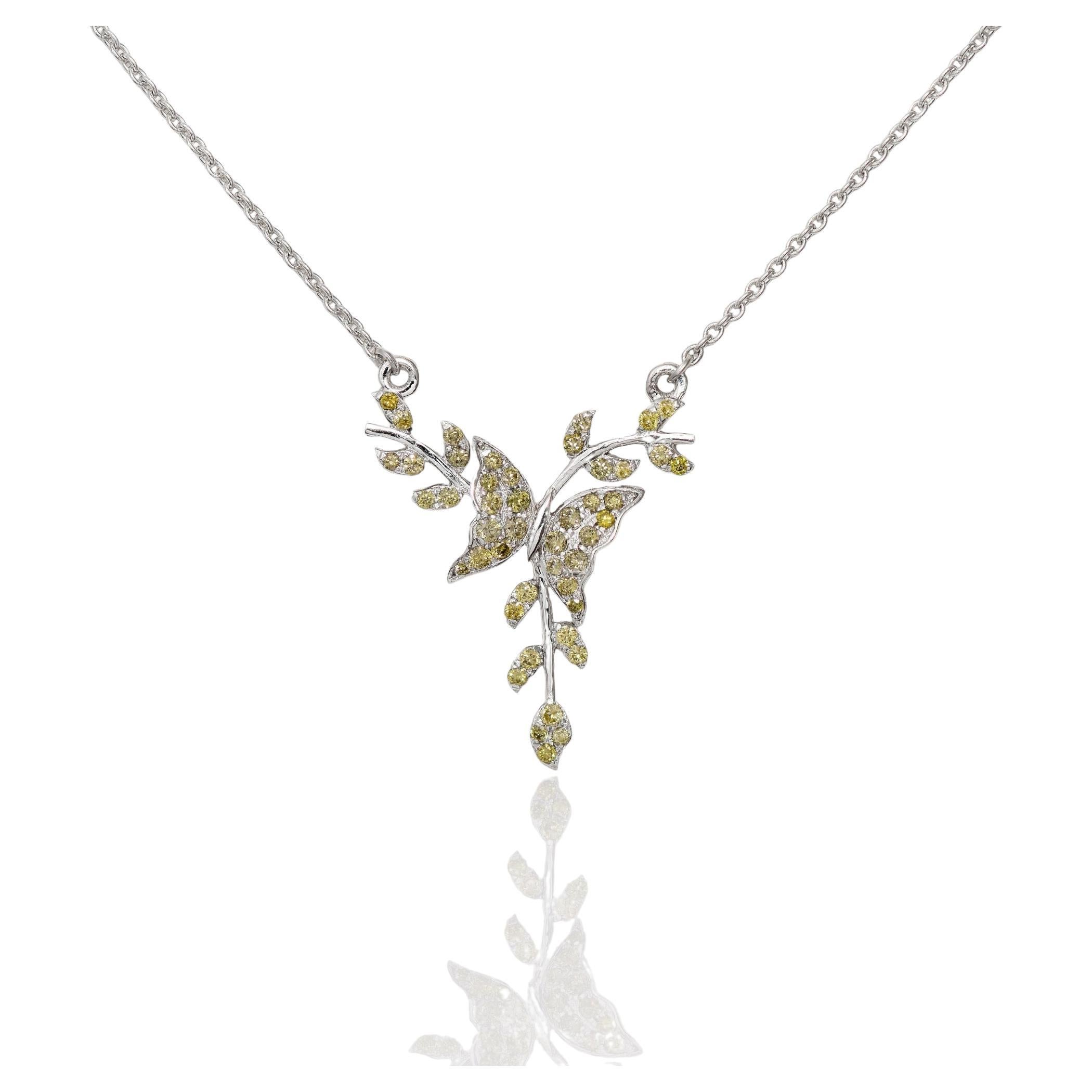 IGI 14K 0.25 ct Natural Greenish Yellow Diamonds Branches Design Necklace For Sale