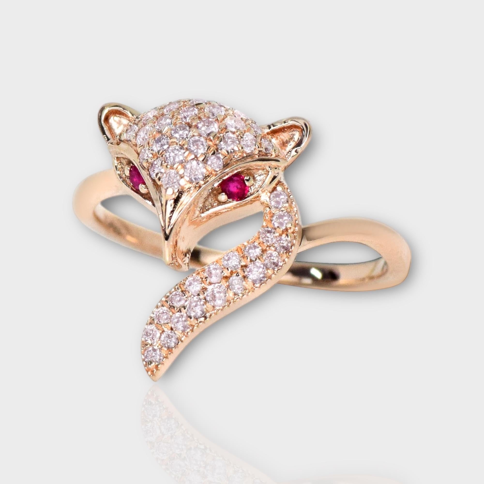 Round Cut IGI 14K 0.31 ct Natural Pink Diamonds Fox Design Antique Art Deco Ring For Sale