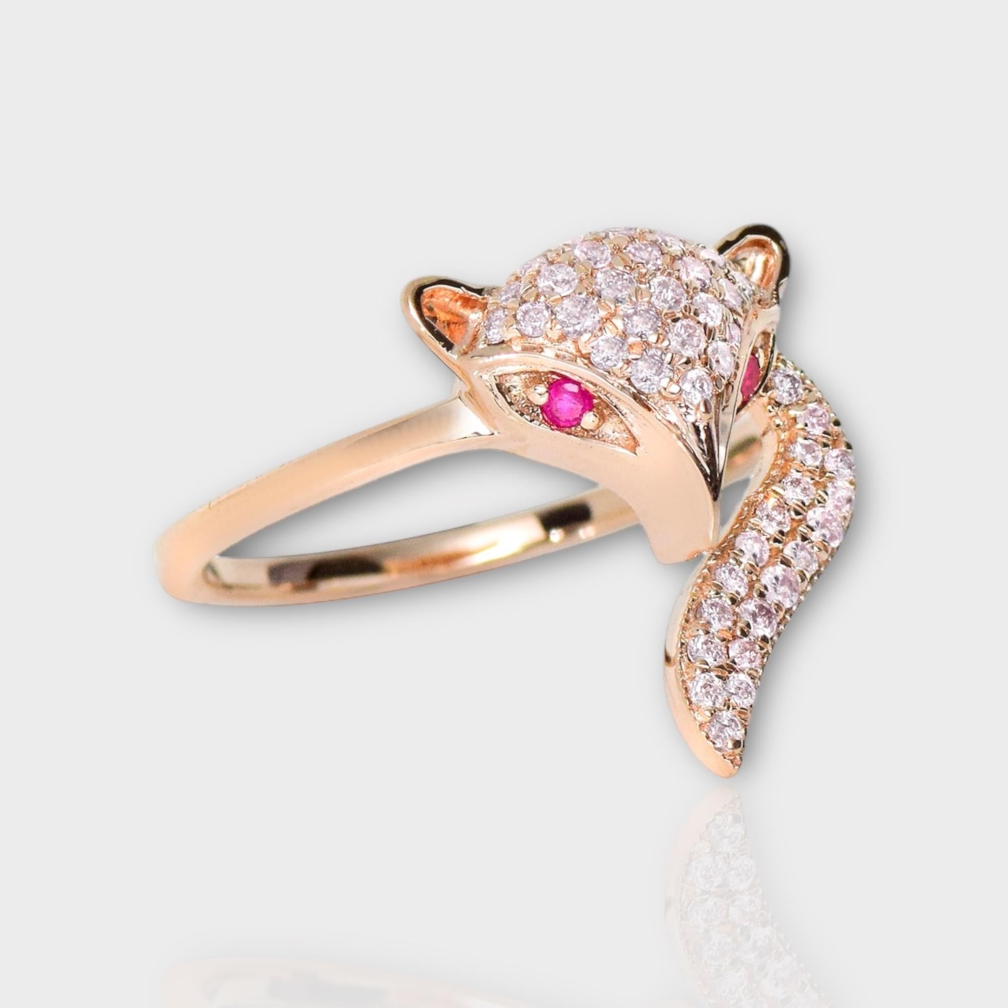 IGI 14K 0.31 ct Natural Pink Diamonds Fox Design Antique Art Deco Ring In New Condition For Sale In Kaohsiung City, TW