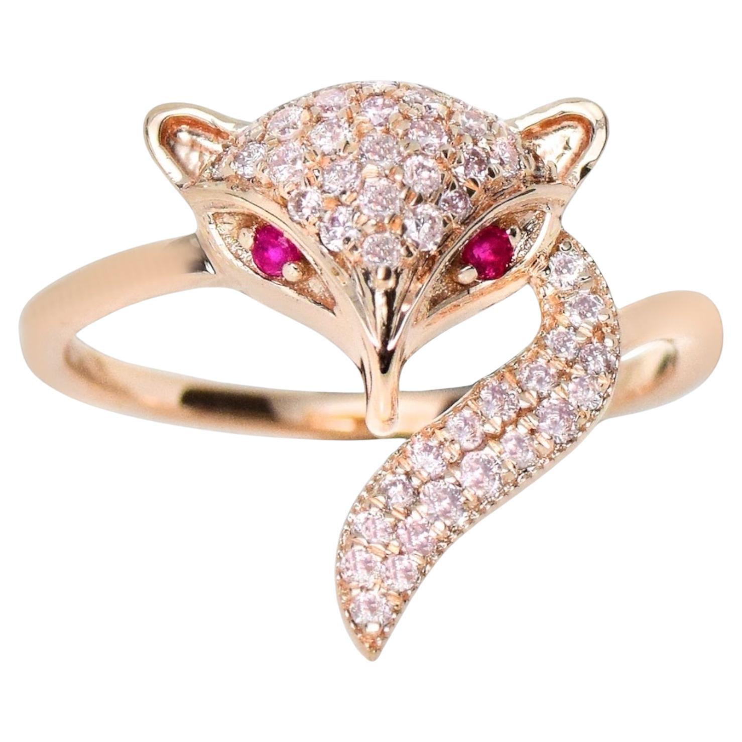 IGI 14K 0.31 ct Natural Pink Diamonds Fox Design Antique Art Deco Ring For Sale