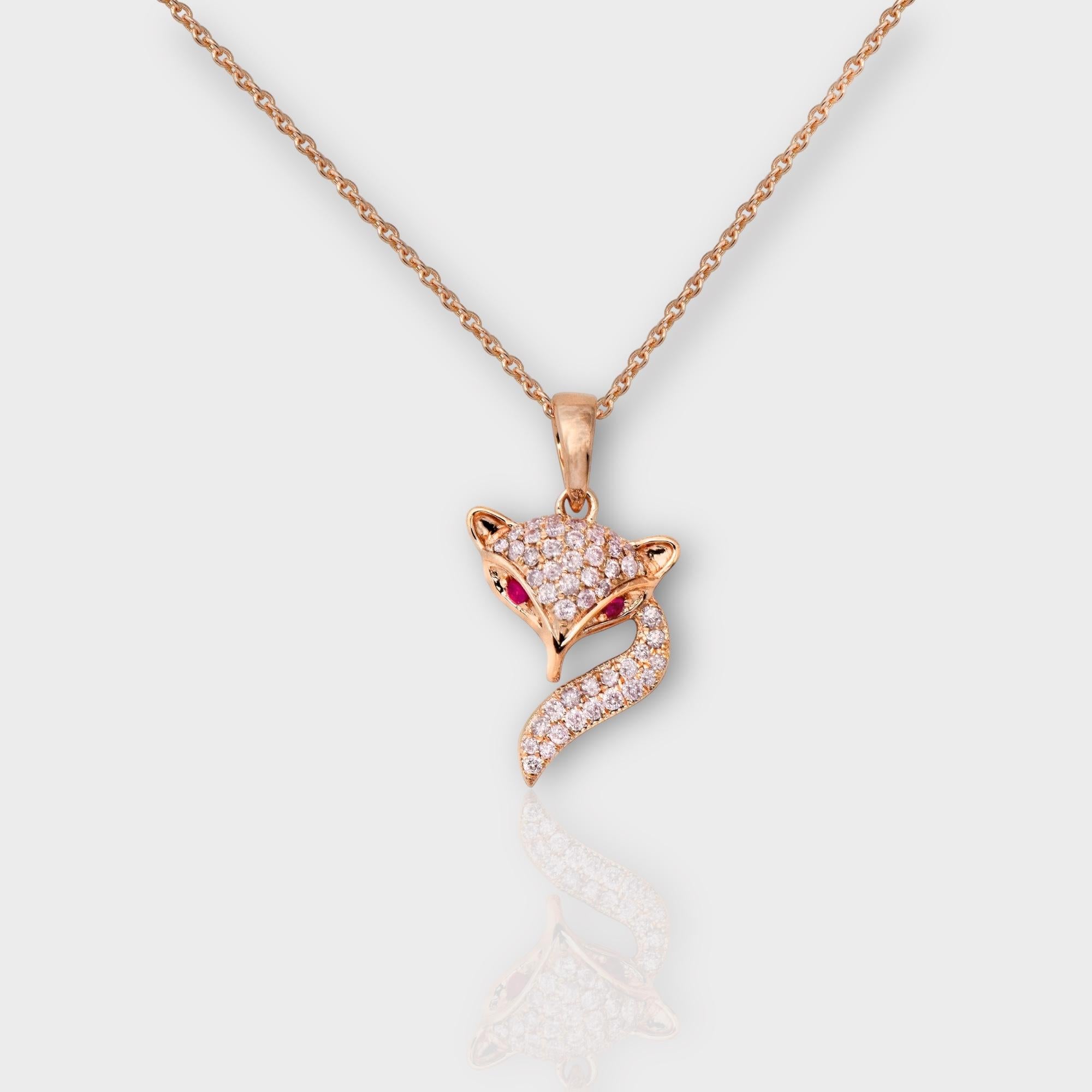 IGI 14K 0.36 ct Natural Pink Diamonds Fox Design Pendant Necklace In New Condition For Sale In Kaohsiung City, TW