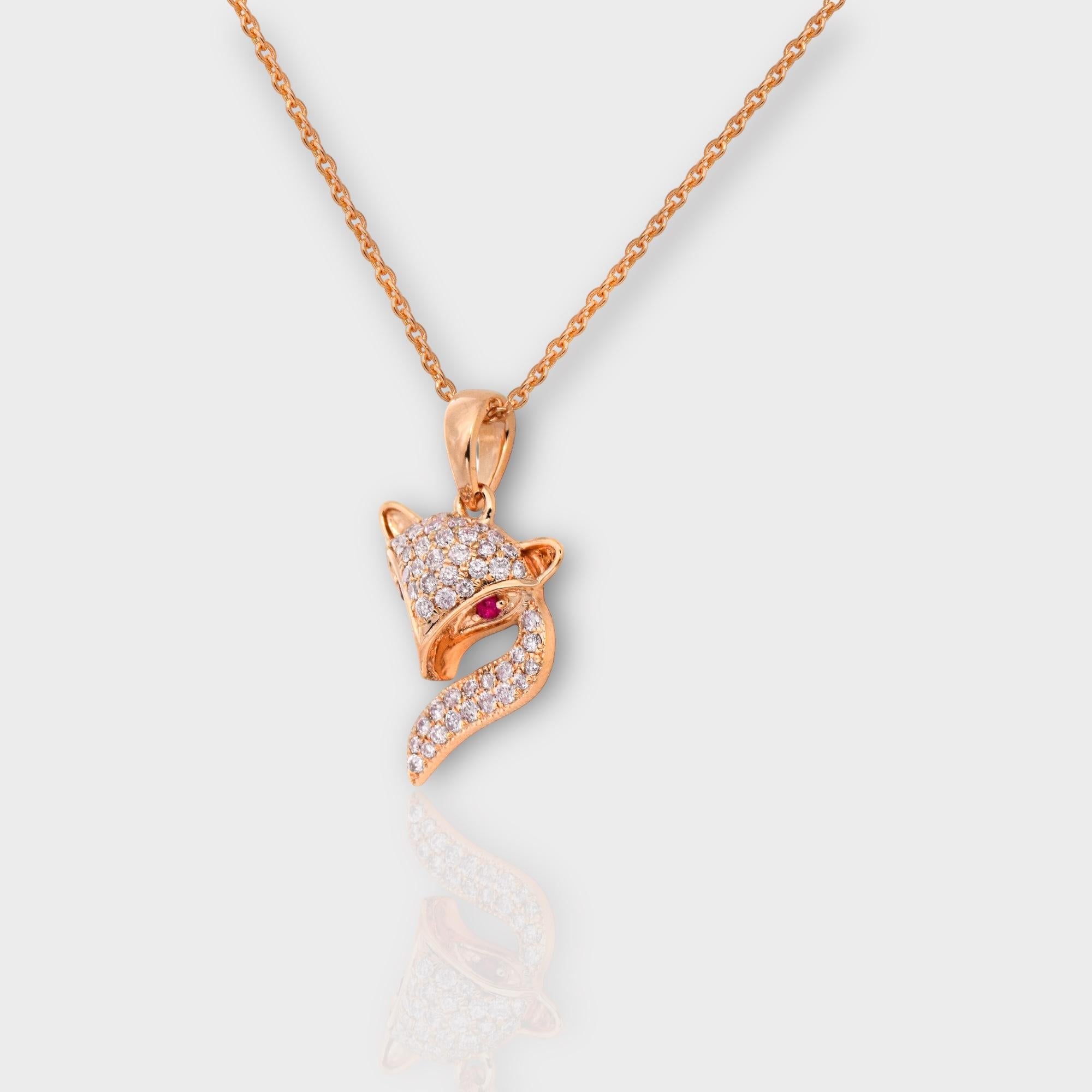 Women's IGI 14K 0.36 ct Natural Pink Diamonds Fox Design Pendant Necklace For Sale
