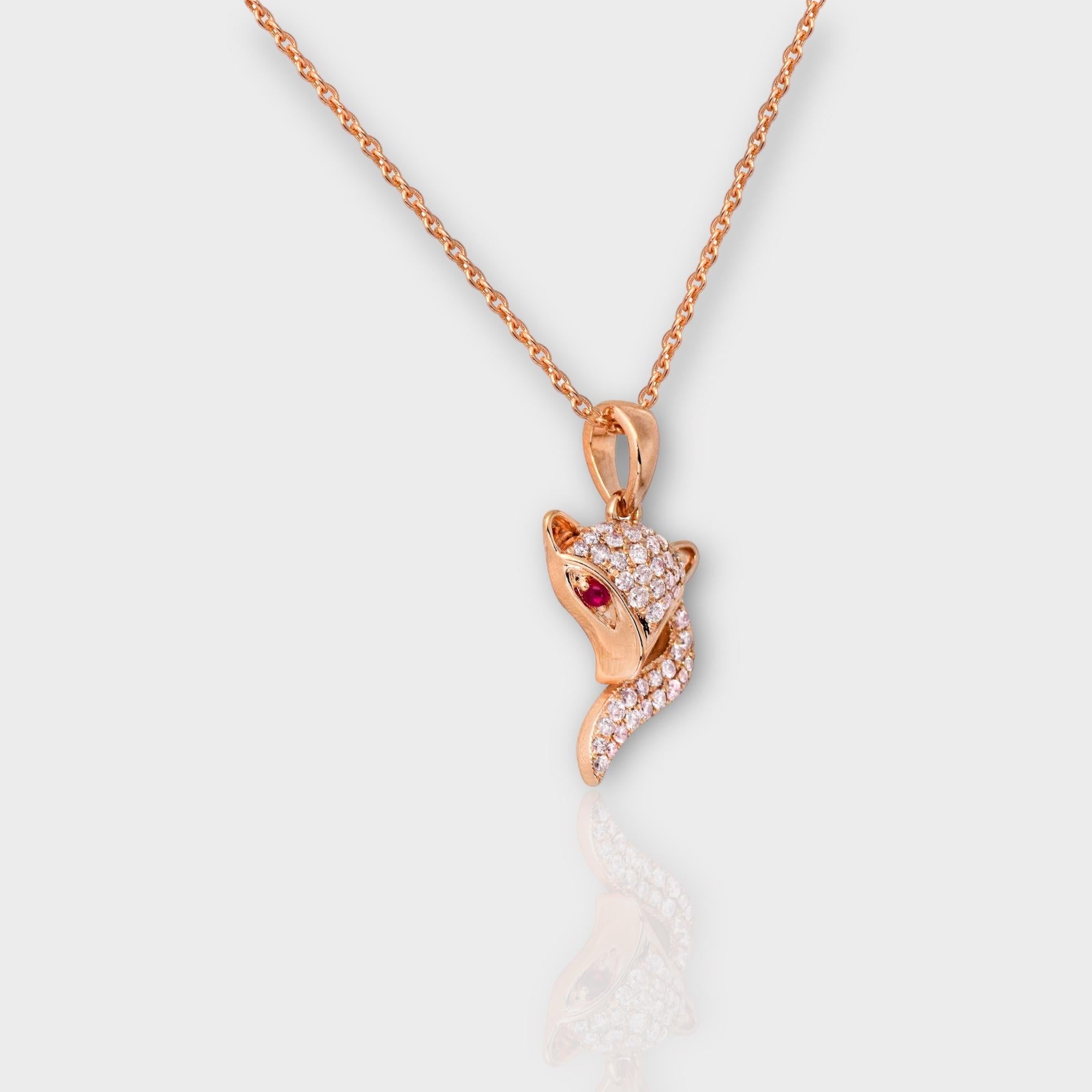 IGI 14K 0.36 ct Natural Pink Diamonds Fox Design Pendant Necklace For Sale 1