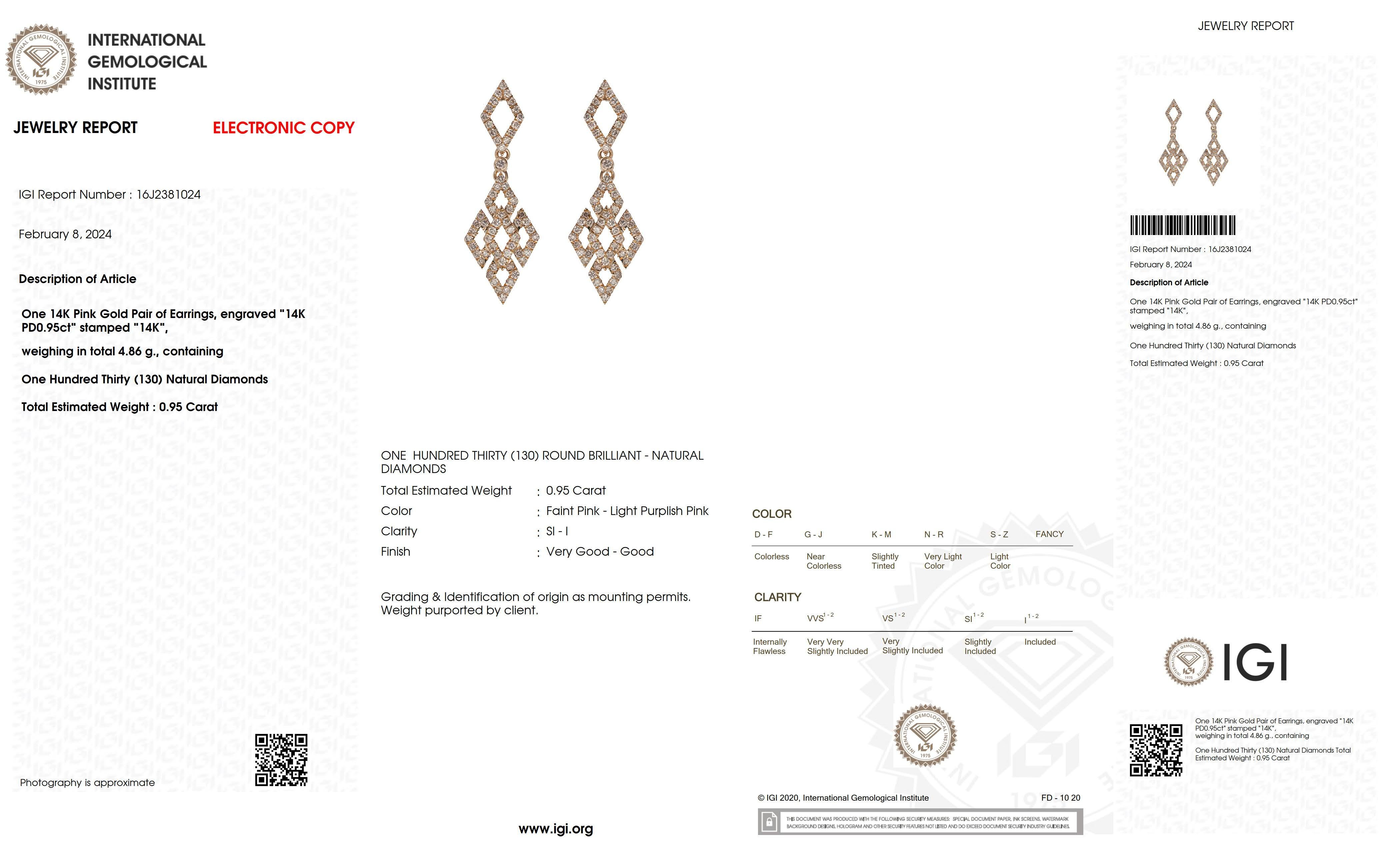 IGI 14K 0.95 ct Natural Pink Diamonds Art Deco Design Stud Earrings For Sale 4