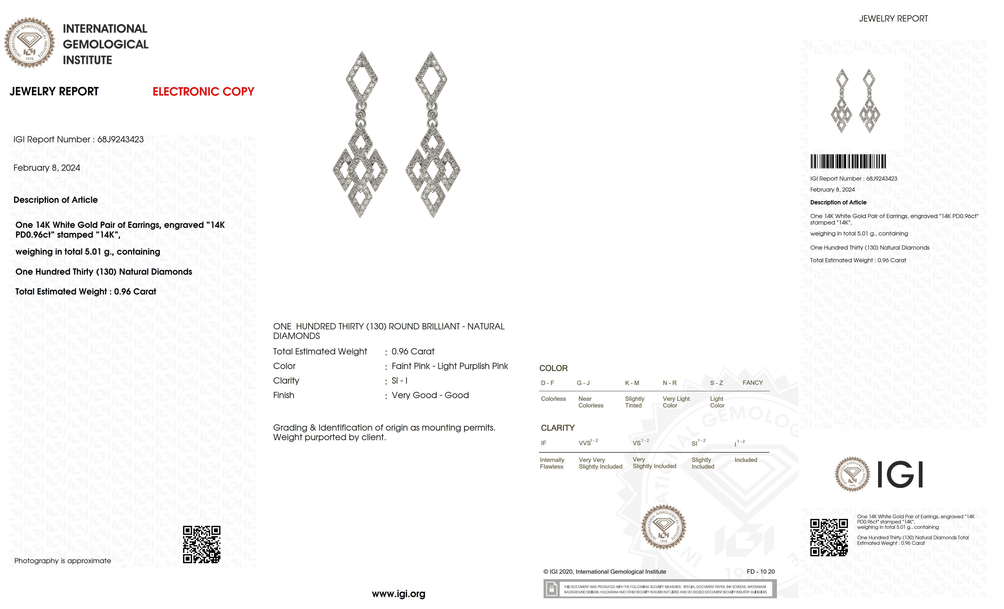 IGI 14K 0.96 ct Natural Pink Diamonds Art Deco Design Stud Earrings For Sale 4