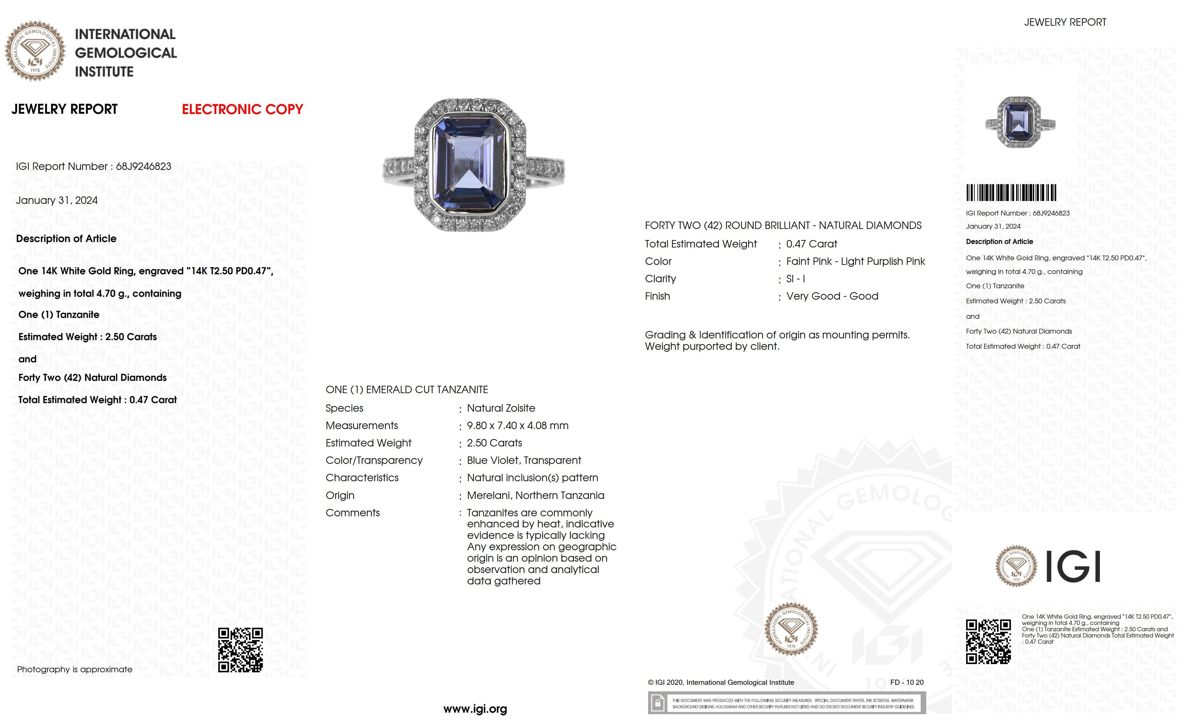 IGI 14K 2.50 ct Tanzanite&Pink Diamond Antique Art Deco Engagement Ring For Sale 4
