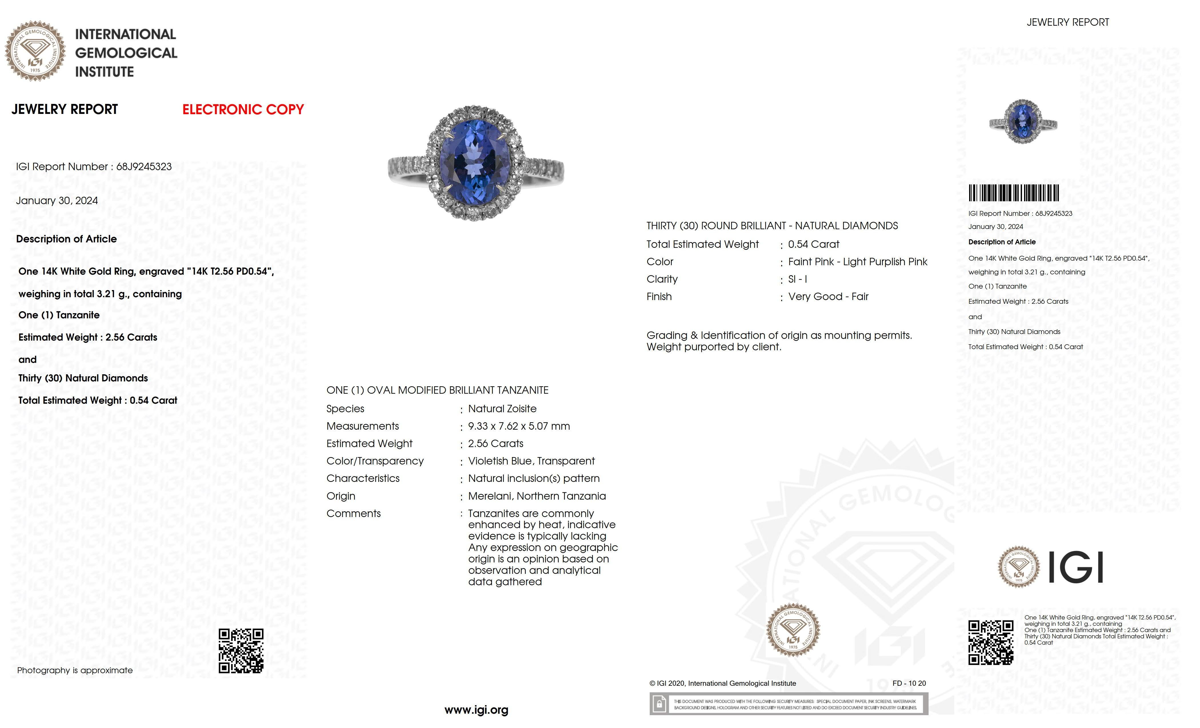 IGI 14K 2.56 ct Tanzanite&Pink Diamond Antique Art Deco Engagement Ring For Sale 2