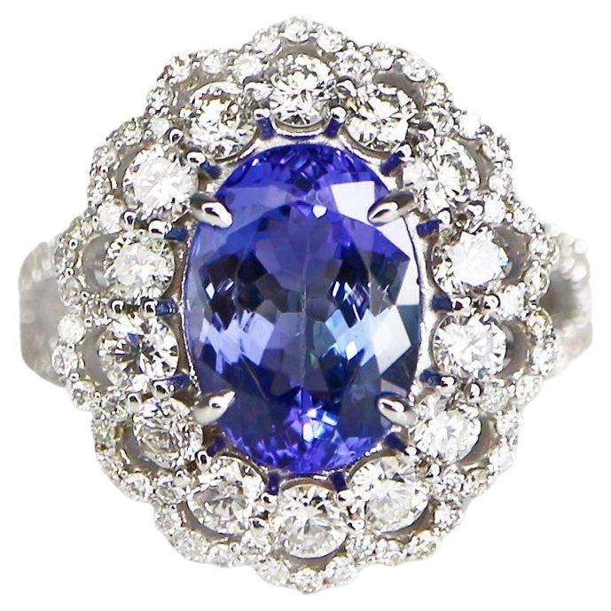 IGI 14K 3.00 Carat Tanzanite&Diamonds Antique Art Deco Engagement Ring