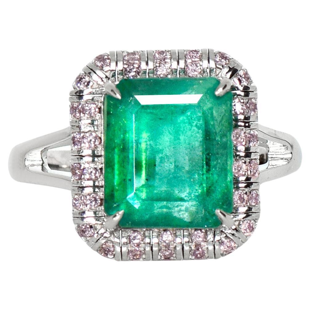 *NRP*IGI 14K 4.57 ct Natural Green Emerald&Pink Diamond Art Deco Engagement Ring