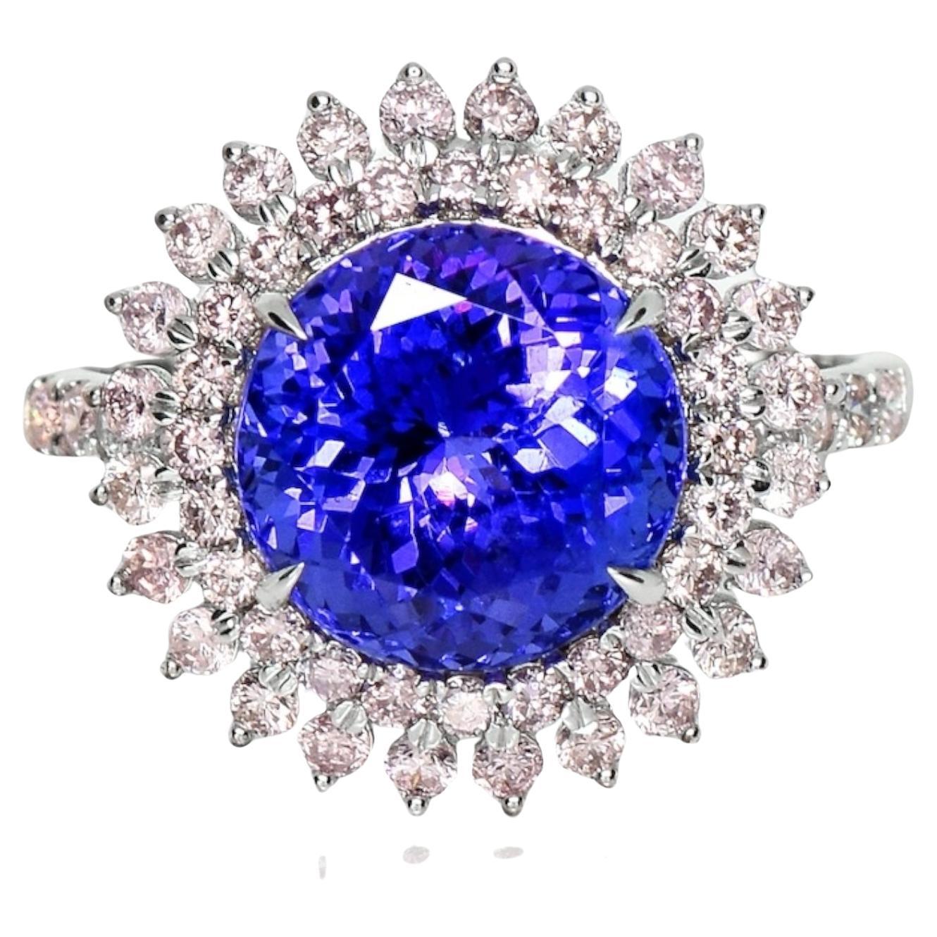 IGI 14K 4.66 ct Tanzanite&Pink Diamond Antiker Art Deco Verlobungsring im Angebot