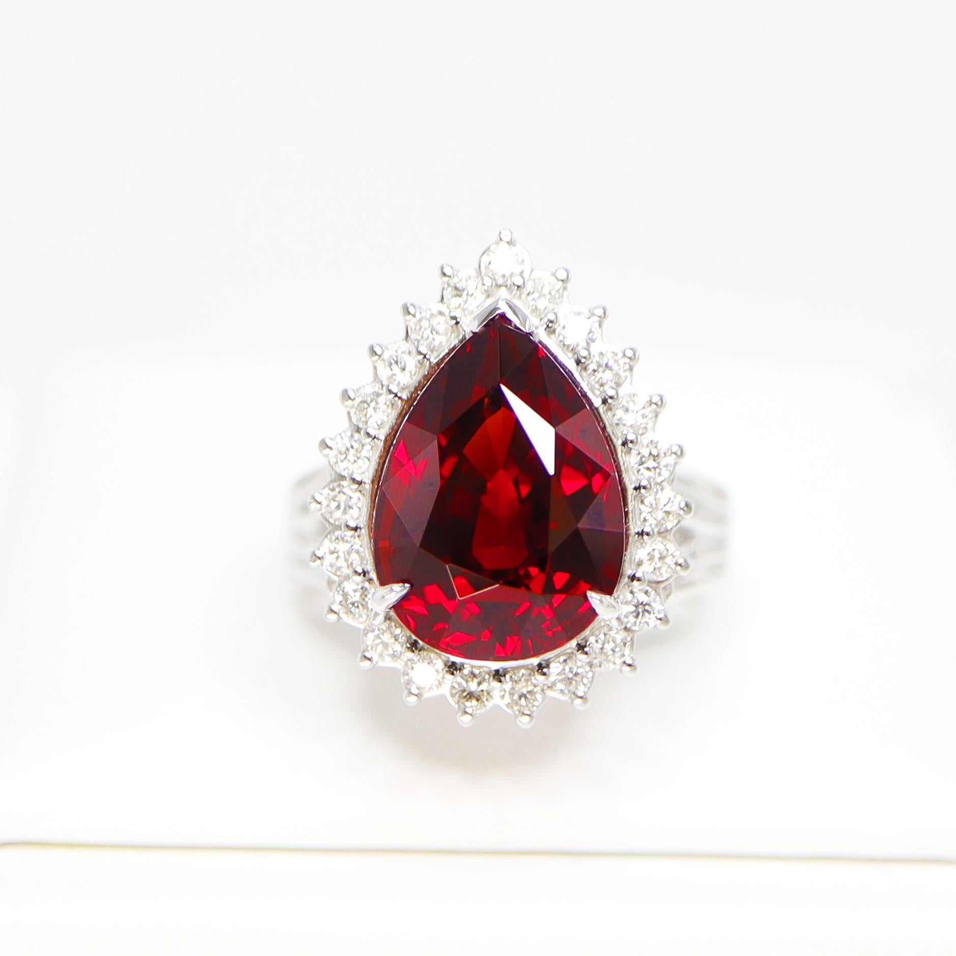 Pear Cut GIA 9.12 Ct 14K White Gold Pigeon Blood Red Garnet&Diamonds Engagement Ring For Sale