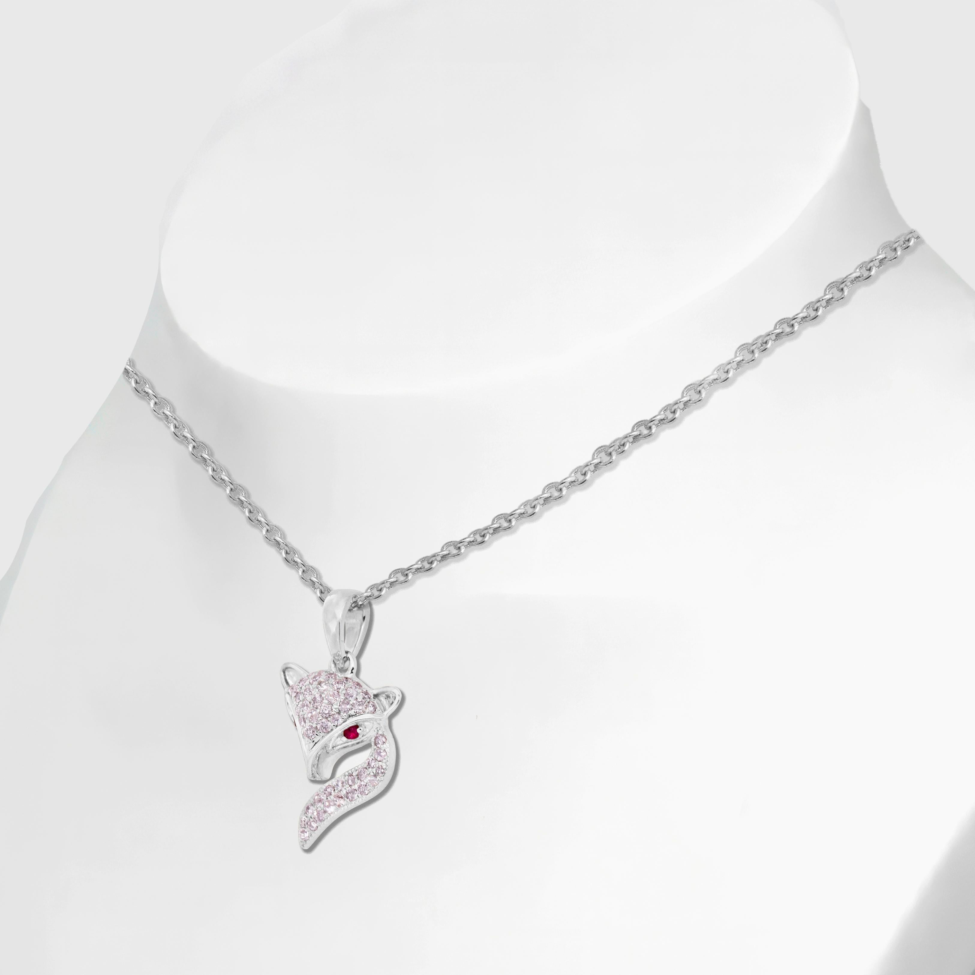 Contemporary IGI 14K 0.36 ct Natural Pink Diamonds Fox Design Pendant Necklace For Sale