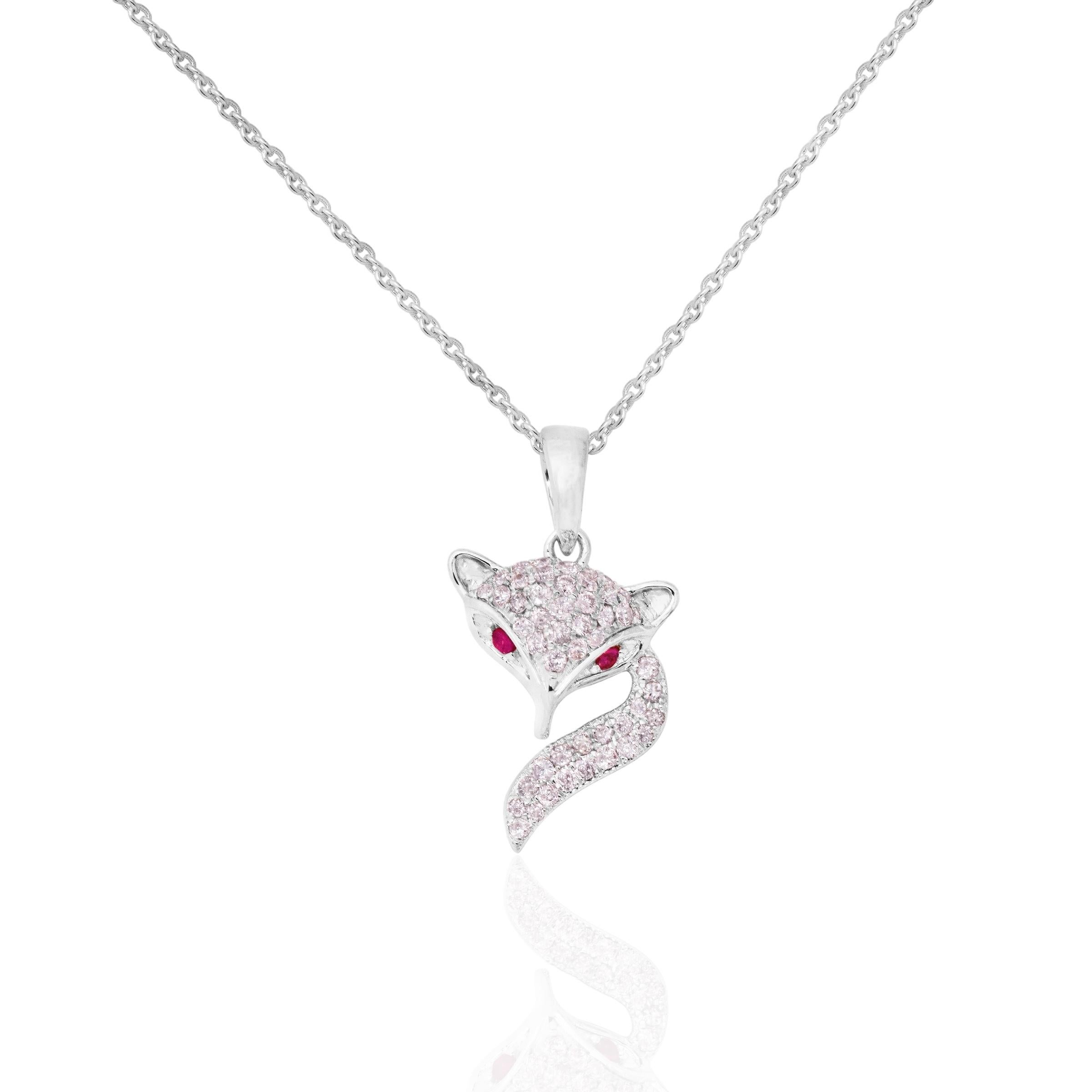 Round Cut IGI 14K 0.36 ct Natural Pink Diamonds Fox Design Pendant Necklace For Sale