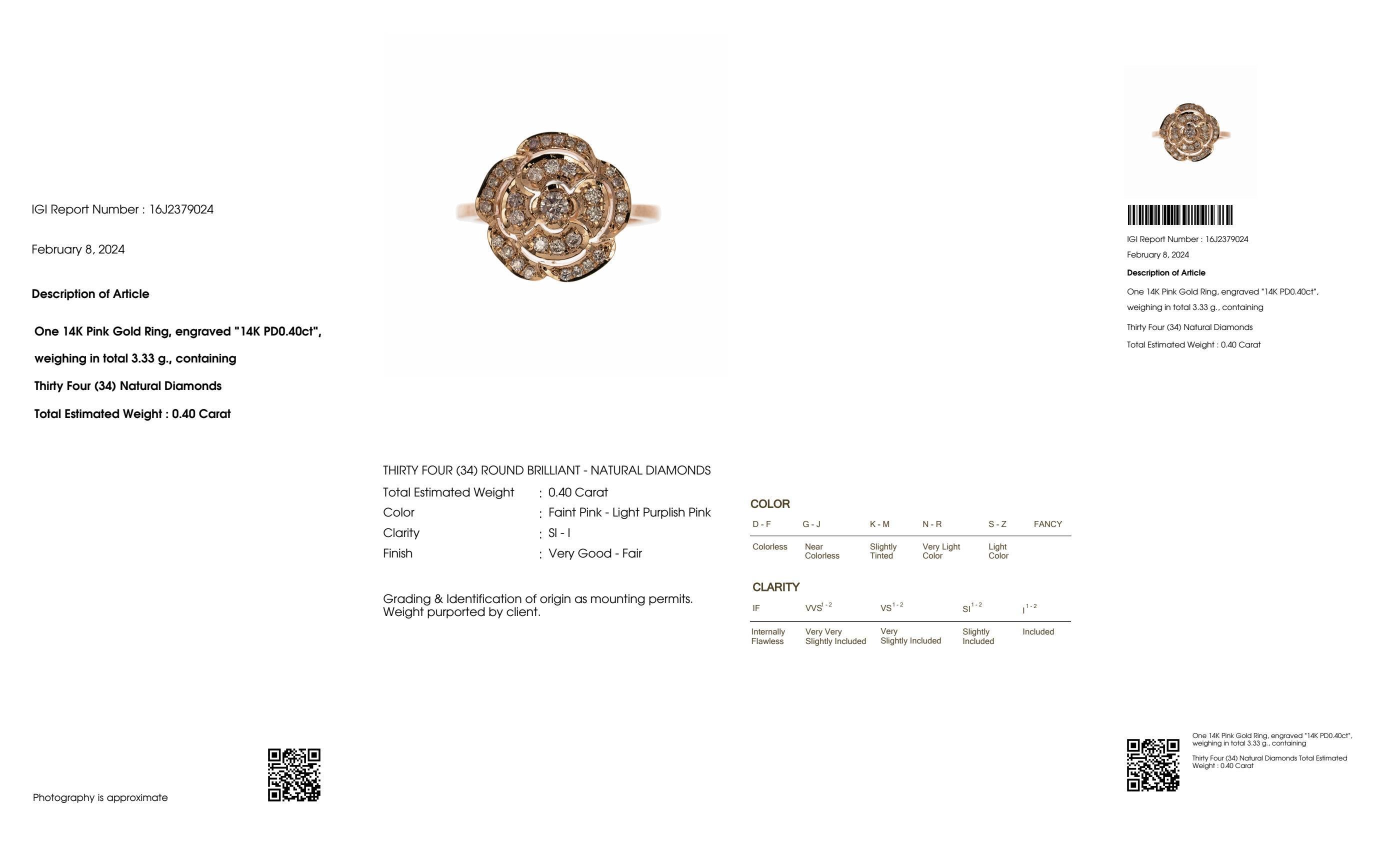 Contemporary IGI 14K 0.40 ct Natural Pink Diamonds Rose Design Antique Art Deco Ring For Sale