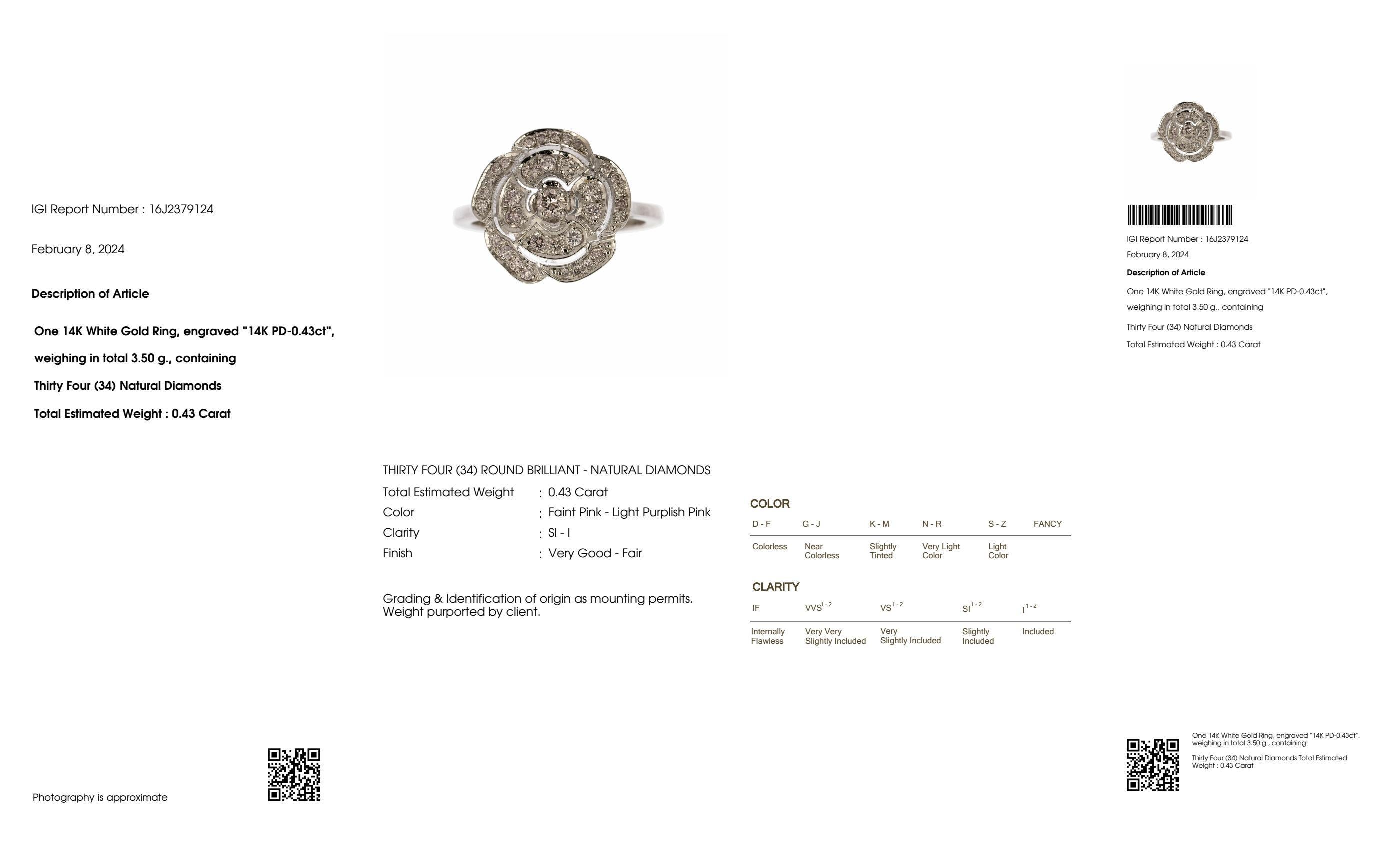 Contemporary IGI 14K 0.43 ct Natural Pink Diamonds Rose Design Antique Art Deco Ring For Sale