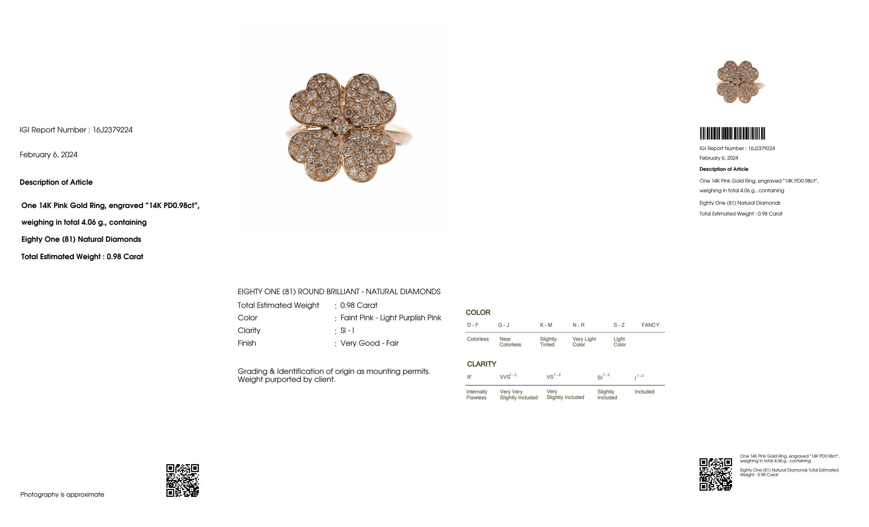 Contemporary IGI 14K 0.98 ct Natural Pink Diamonds Lucky Clover Antique Design Ring For Sale