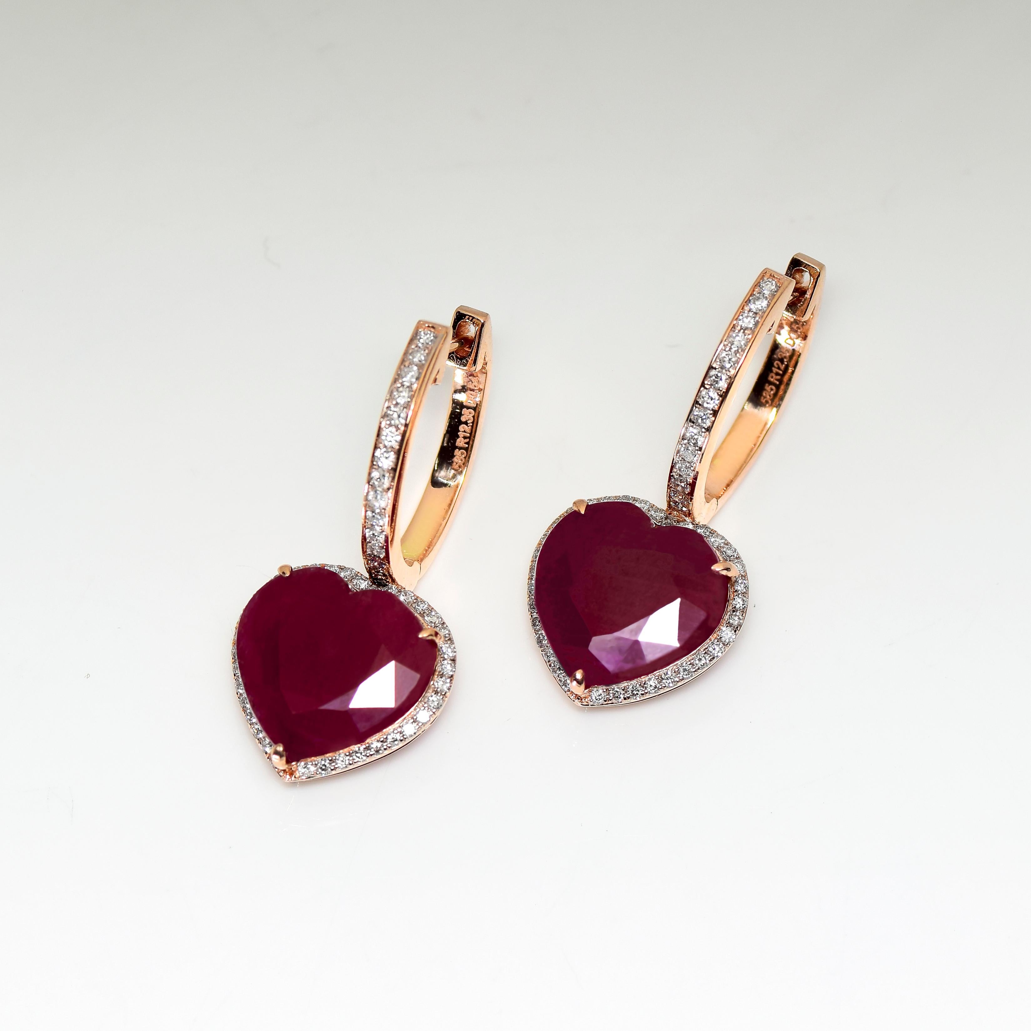 Heart Cut *NRP*IGI 14k 12.35ct Unheated Ruby&Diamonds Antique Art Deco Hook Drop Earring