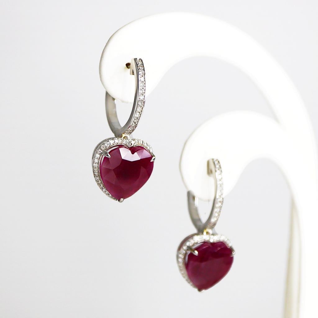 Contemporary IGI 14K 13.71 ct Unheated Ruby&Diamonds Antique Art Deco Hook Drop Earring
