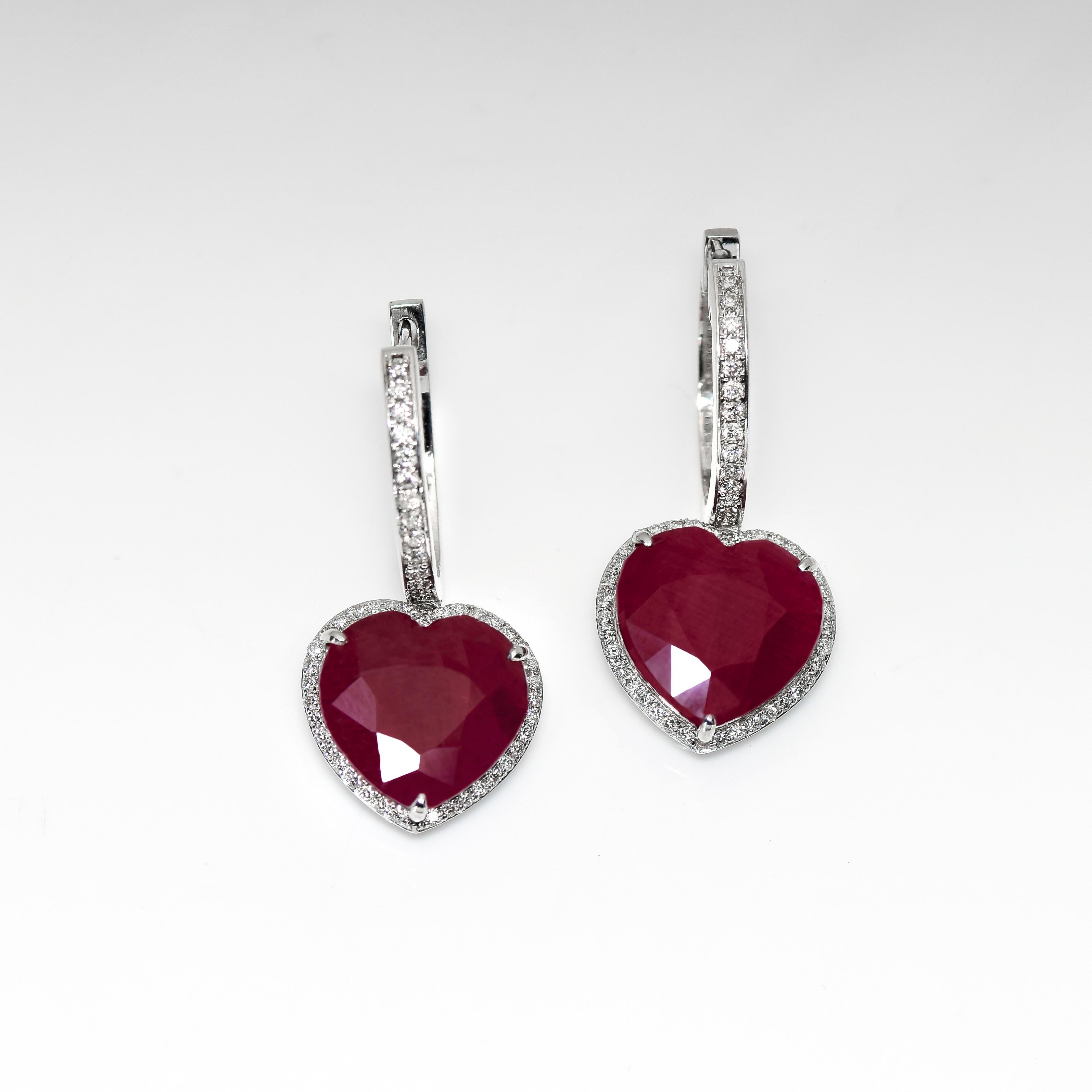 Heart Cut IGI 14K 13.71 ct Unheated Ruby&Diamonds Antique Art Deco Hook Drop Earring