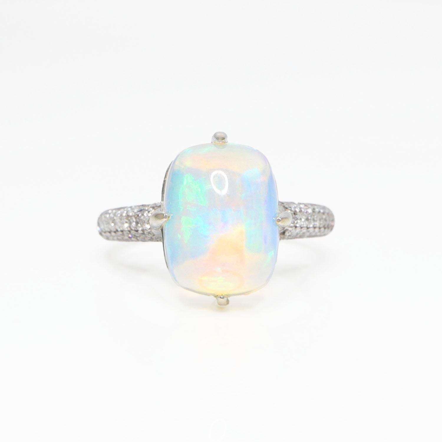 Cushion Cut IGI 14K 4.46 ct  Natural Color Play Opal Diamonds Antique Engagement Ring For Sale